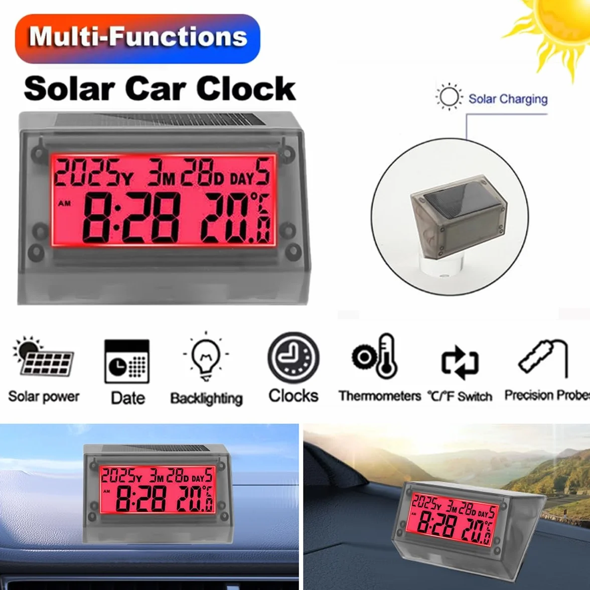 Orologio LCD ad energia solare -Orologio digitale multifunzionale per auto,impermeabile e antiurto,con ora, data, settimana, temperatura, supporto per maniglia per auto,moto,bicicletta,luce rosso