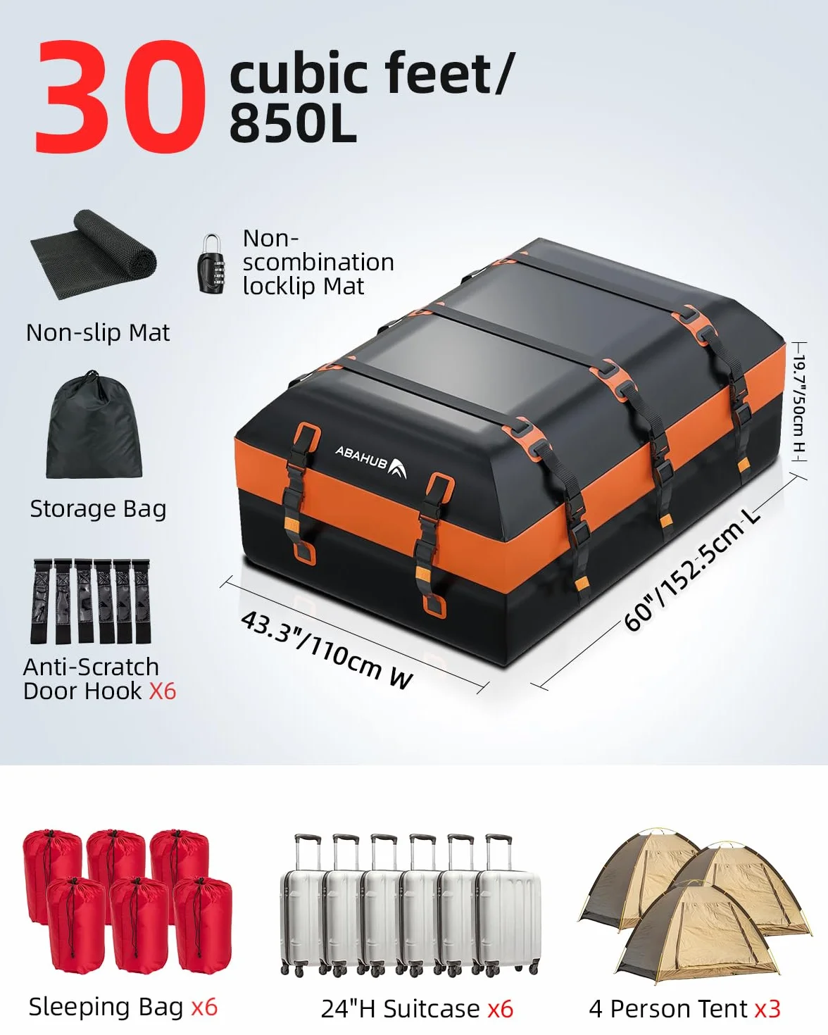 Abahub 850L Box da Tetto Impermeabile Universale,Materiale Impermeabile 840D,Con Ganci per Portiere+Tappetino Antiscivolo,Compatibile con Portabagagli Esistente e non,Grande Spazio Anti-Graffio