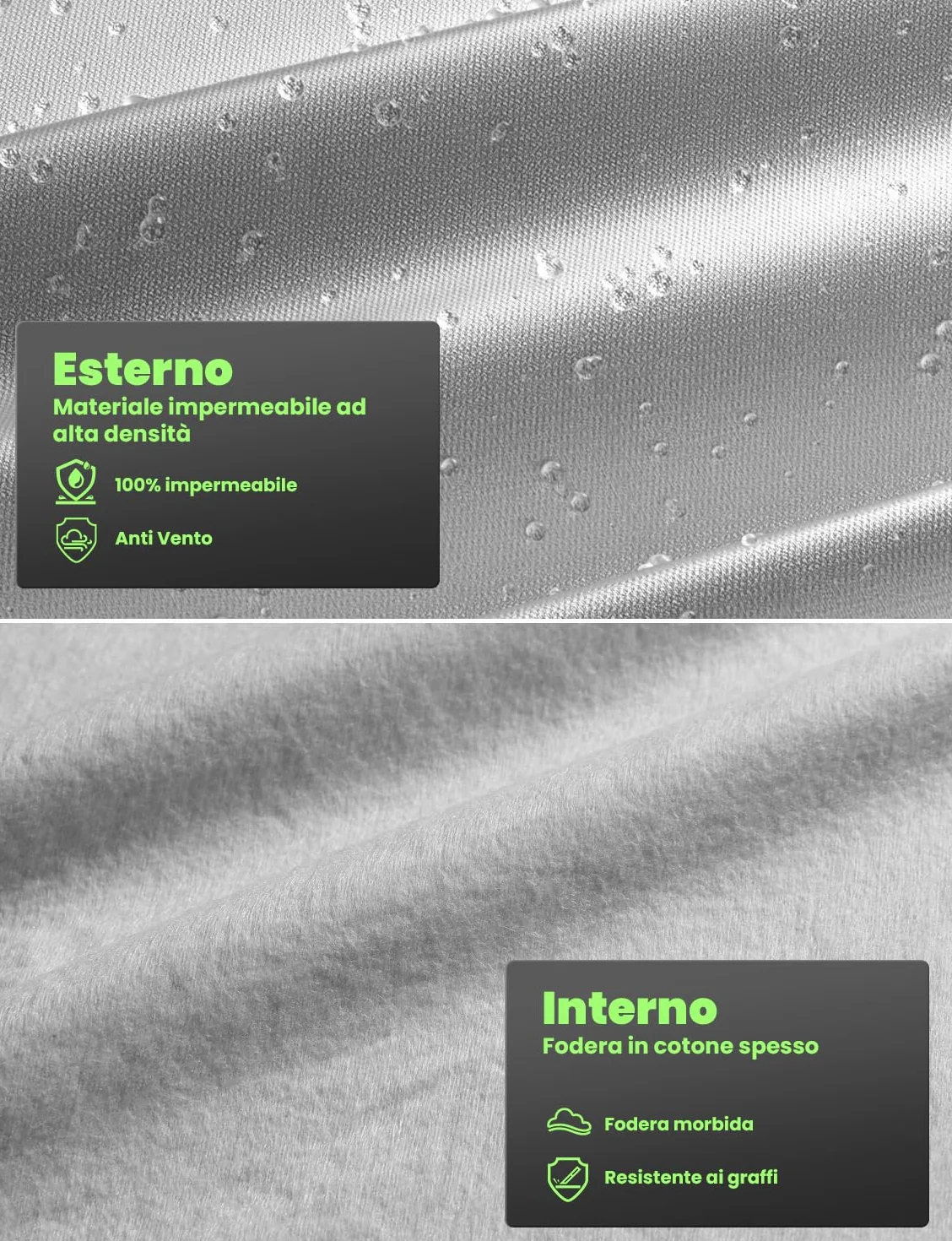 LOETAD Telo Copriauto, Felpato Impermeabile Antipolvere Anti UV Anti Vento 435 x 180 x 160cm Telo per Auto a 2 Volumi Universale Interno in Cotone - Argento