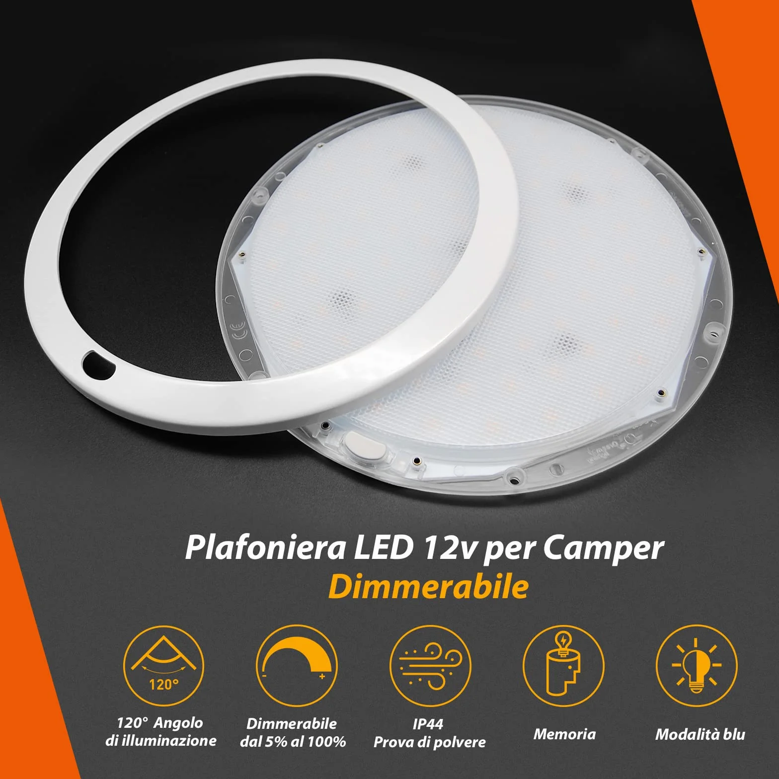 Dream Lighting Plafoniera LED 12V Dimmerabile 21,6cm 14W Due Colori Bianco Caldo e Blu per Camper Barca
