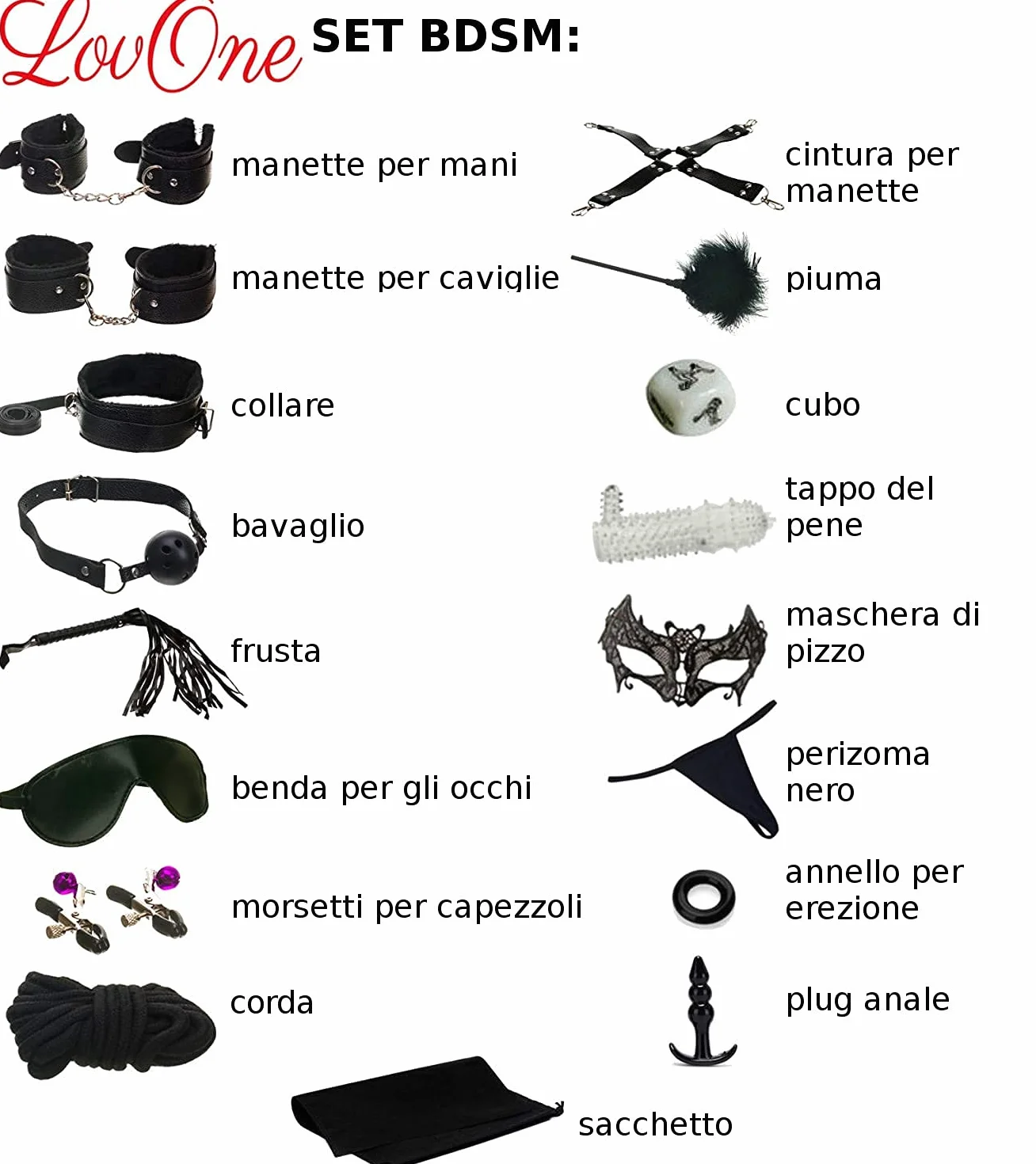 Set Bondage 18 Pezzi Manette Maschera Occhi Sex Toy Coppie Nero