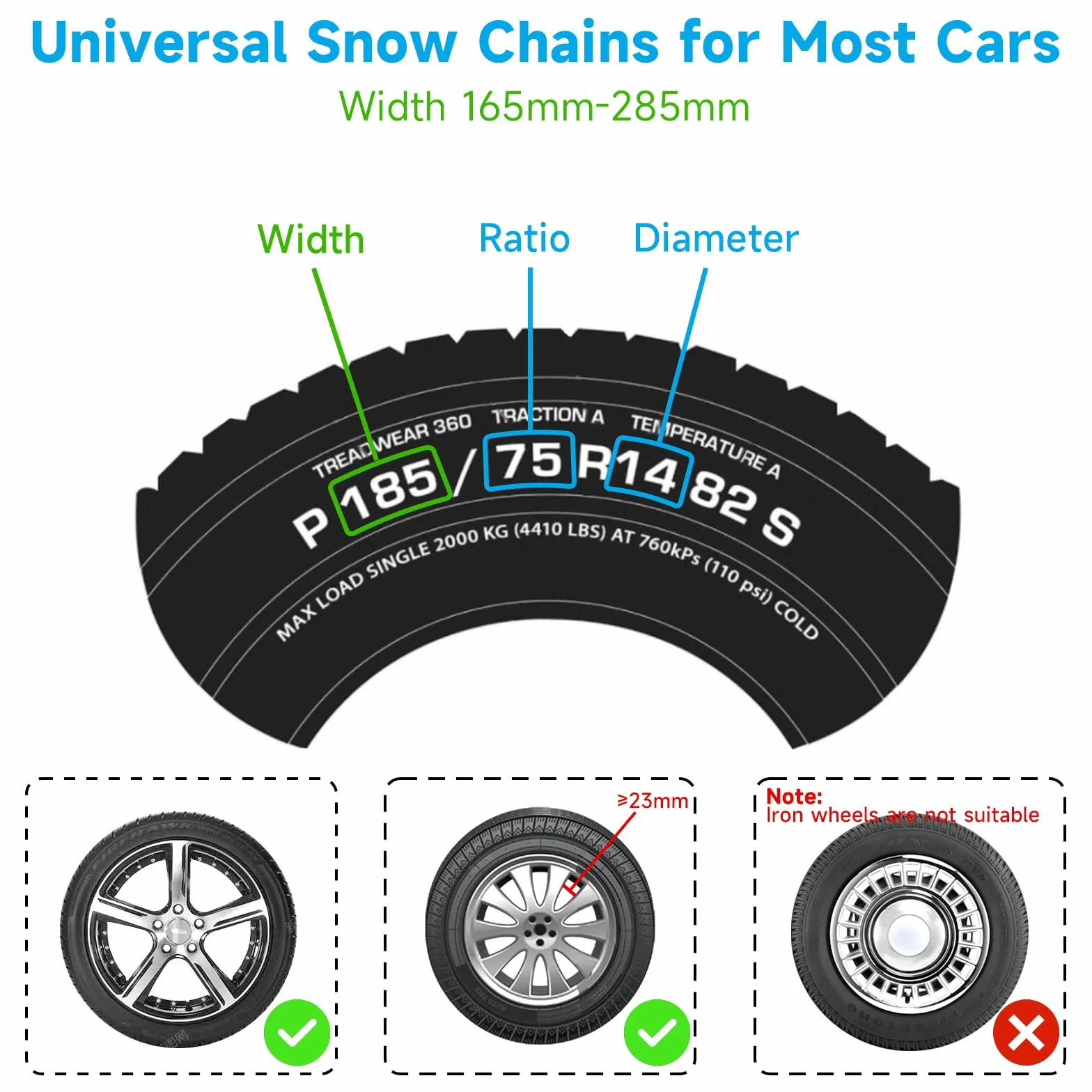 FethFire Catene da Neve Universali,6 Pezzi Catene Neve Auto per Auto SUV con Larghezza Pneumatici 165-285 mm