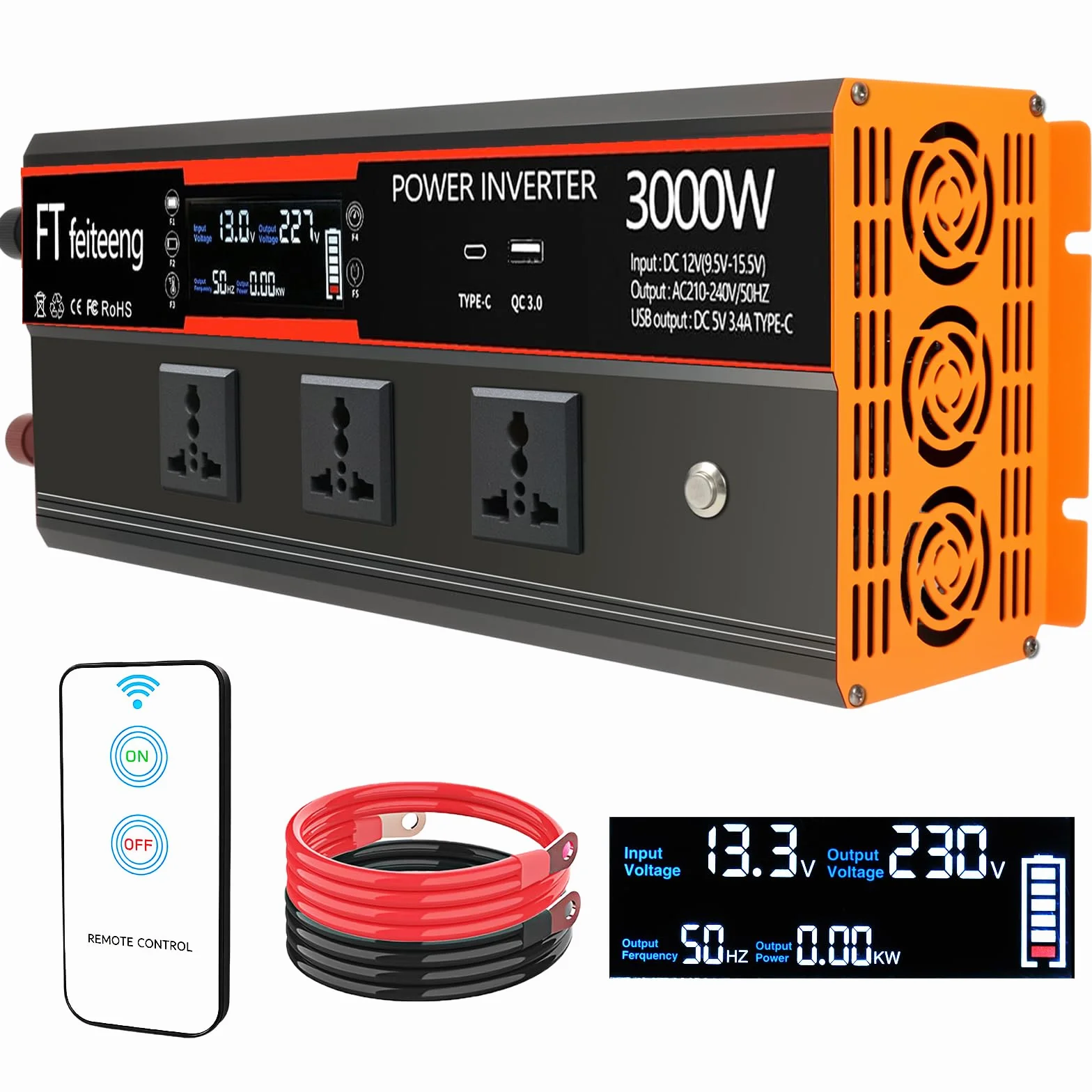 Inverter 3000W/5000W 12V 220V con 2 prese AC display LCD telecomando wireless USB