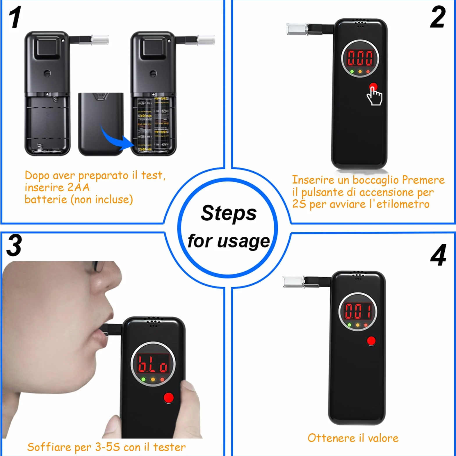 Etilometro Portatile, Alcol Test con Display LCD a Colori Digitali, Etilometro Certificato per Uso Domestico e Professionale, Codice Della Strada, Tester di Alcol con Bocchetti di 10 Pezzi (Nero)