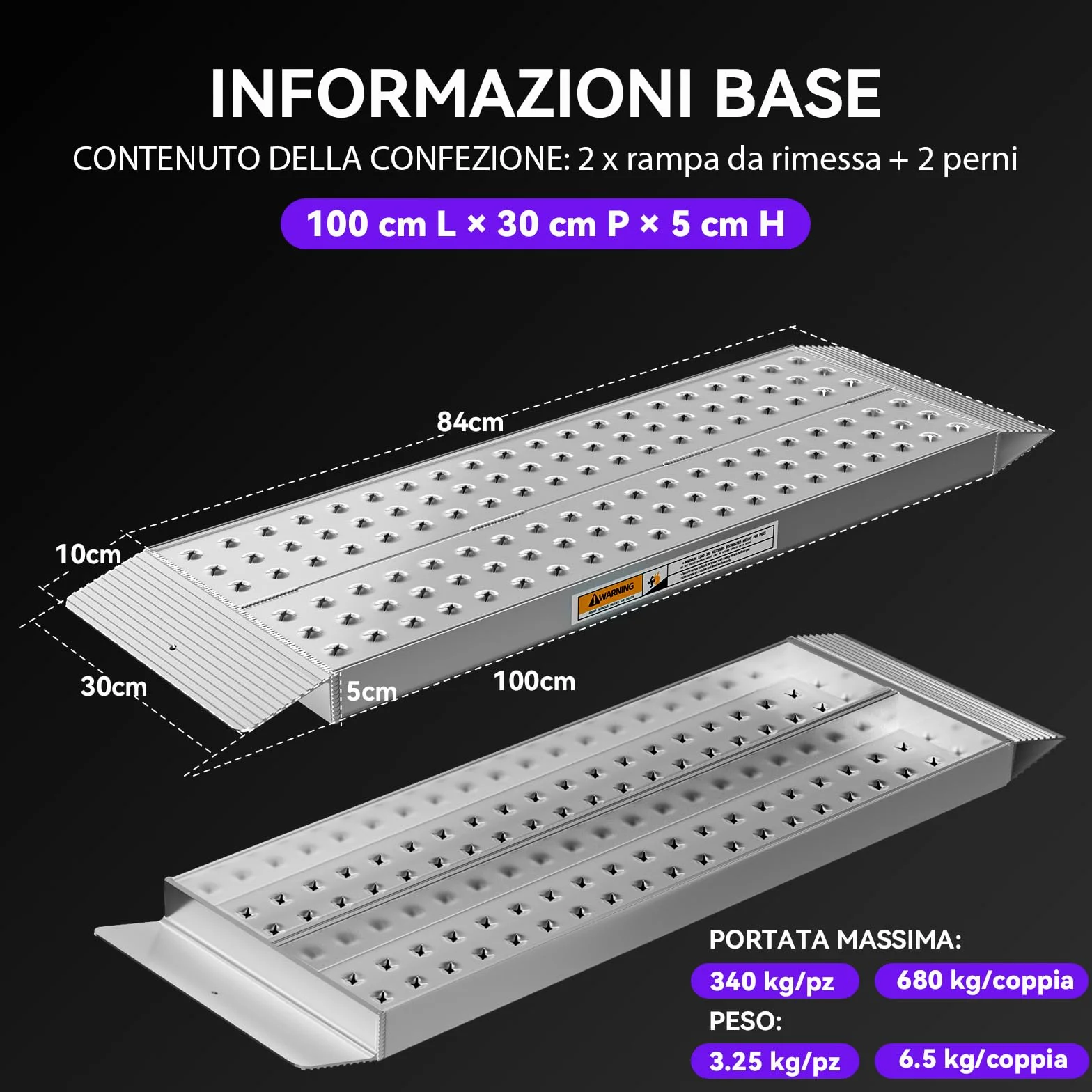 FACHNUO Rampa di carico stabile in alluminio, 100 x 30 cm, capacità di carico 680 kg, antiscivolo per capannone/tosaerba, per spazzaneve e moto, crossbike e ATV, set da 2, colore: Argento