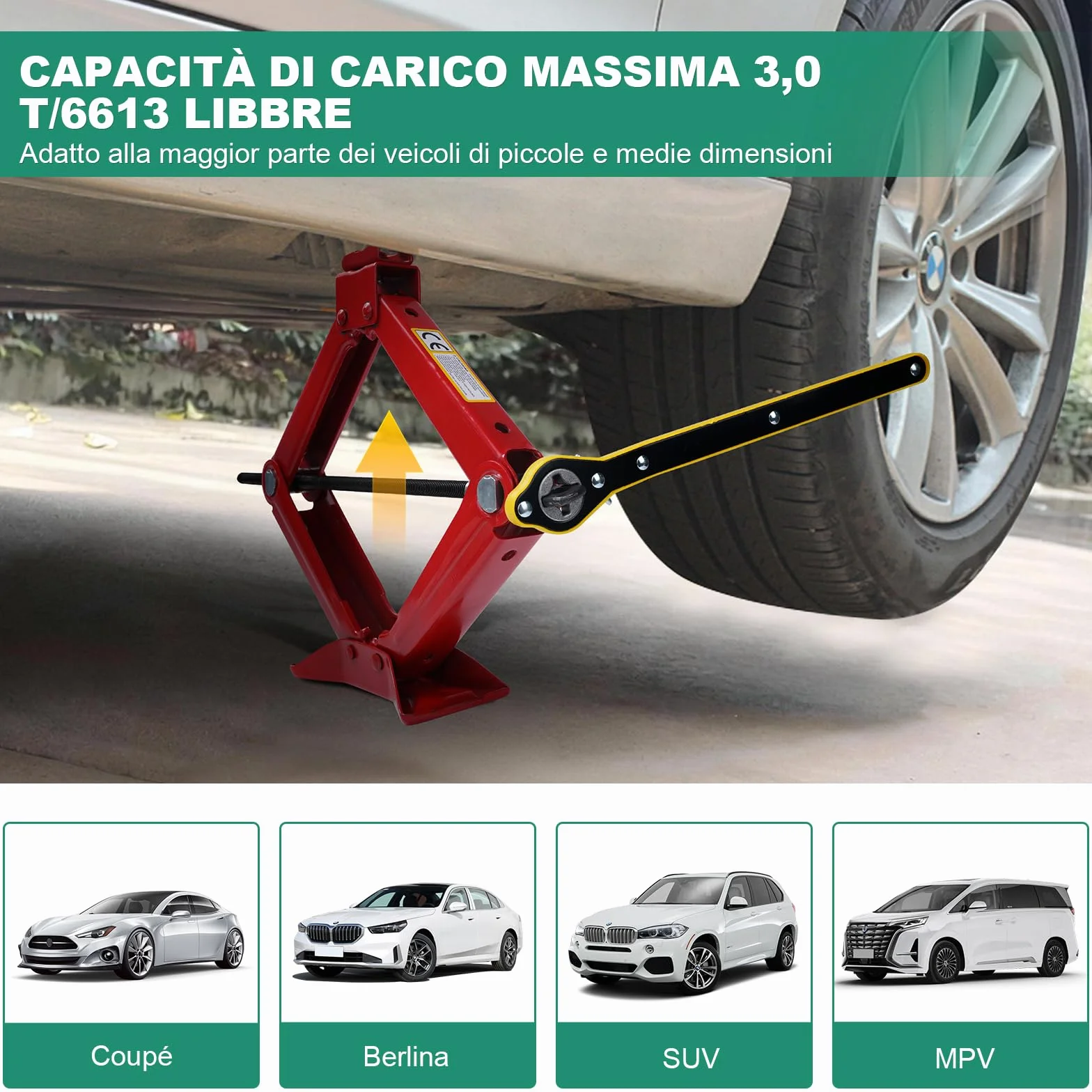 Cric per Auto 3 Tonnellate, Crick Portatile Universale Gamma Sollevamento 120-445 mm per SUV MPV