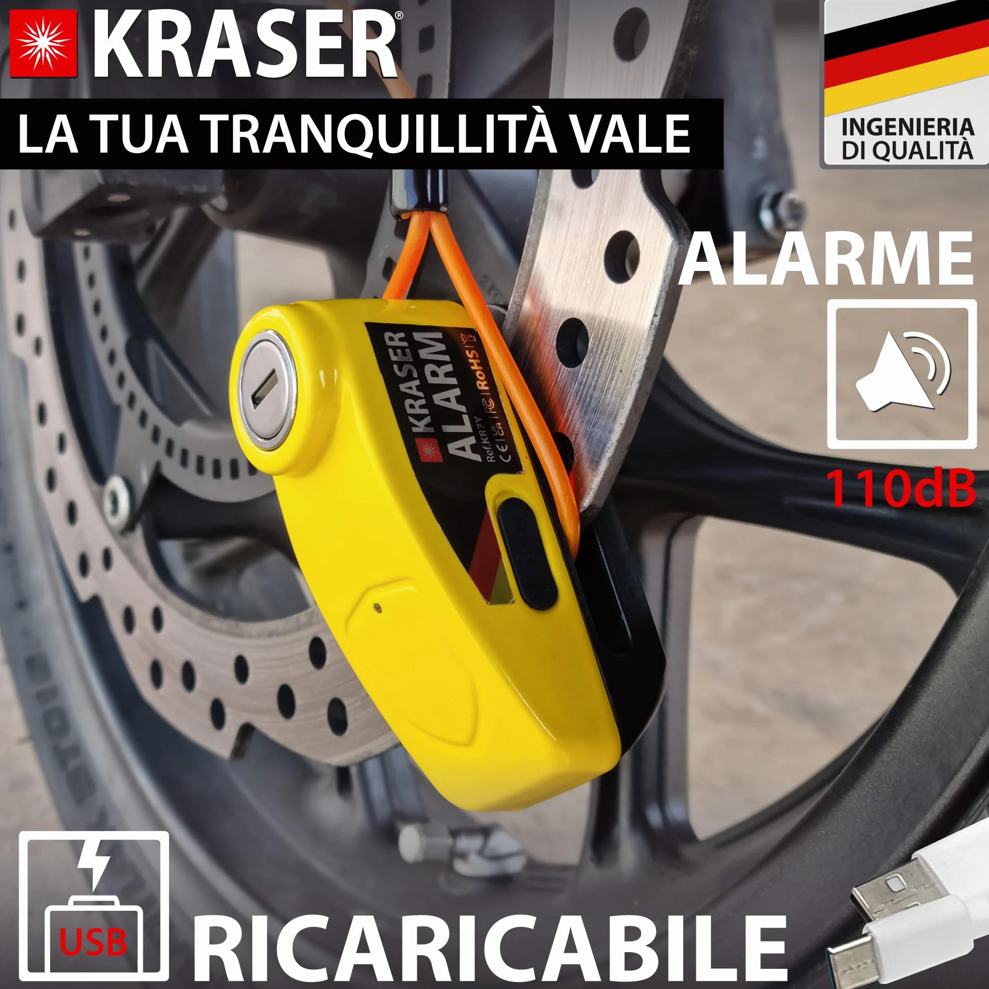 KRASER KR7Y Antifurto Moto Blocca Disco con Allarme 110dB, USB Batteria Ricaricabile, Sensori Movimento, Impermeabile Resistente Visibile, Blocco Veloce, Lucchetto Bloccadisco Sonoro 7mm Universale