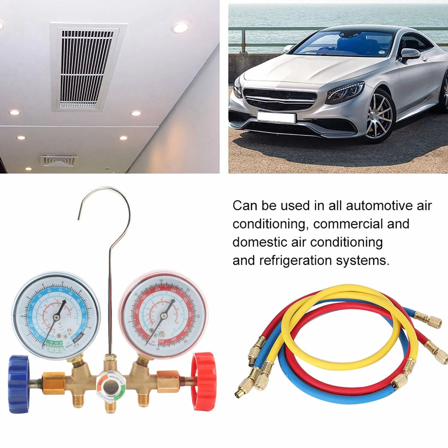 Set di misuratori diagnostici a 3 vie A/C, strumenti di condizionamento del refrigerante Set di misuratori diagnostici CA con kit tubo e gancio