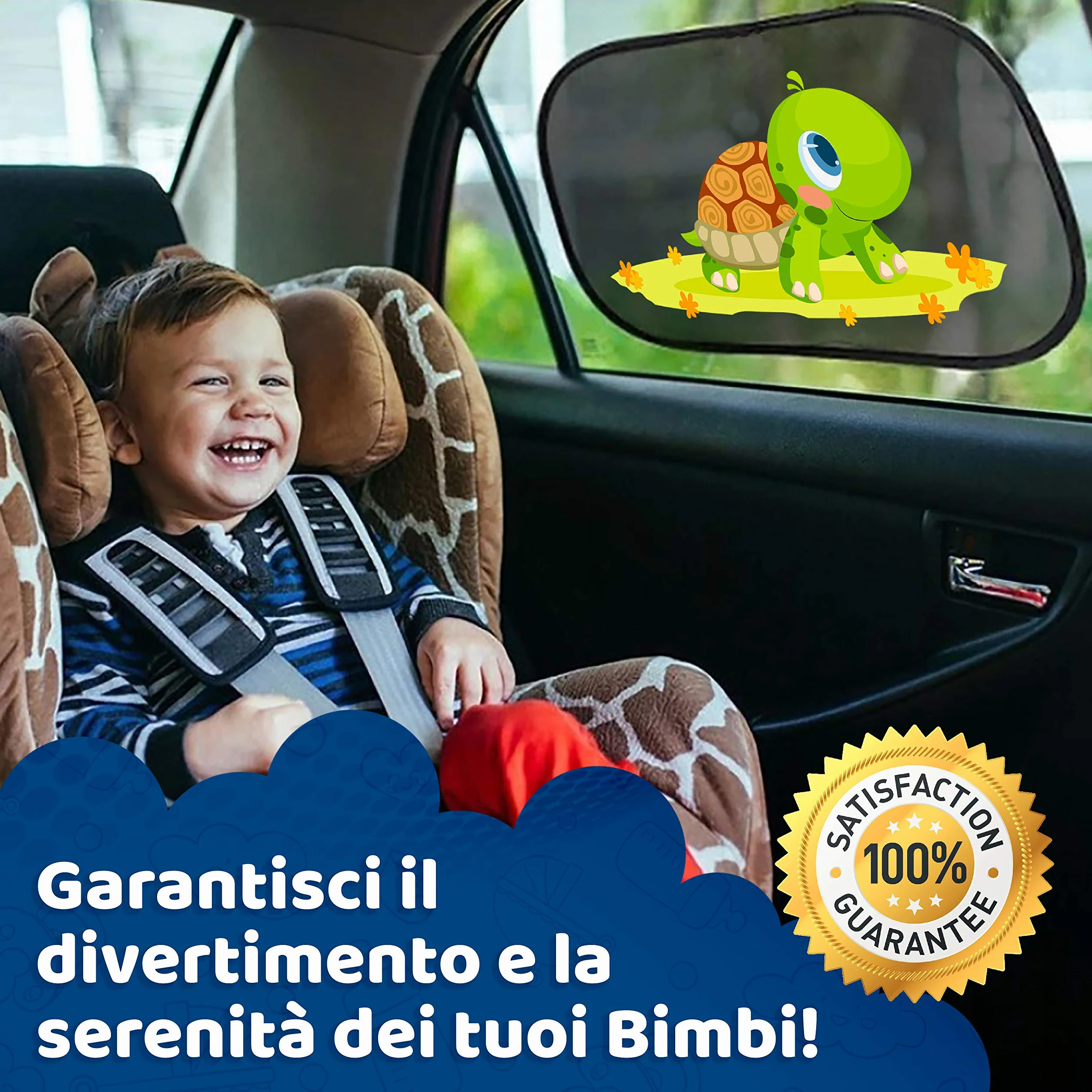 Tendine Parasole Auto Bambini - Protezione Solare 99% Dai Raggi UV - 2 Pezzi 51x31 cm 80g/m2 - Accessori Macchina Per Interno Tende Oscuranti - Design Neonati E Bimbi (Tartaruga)