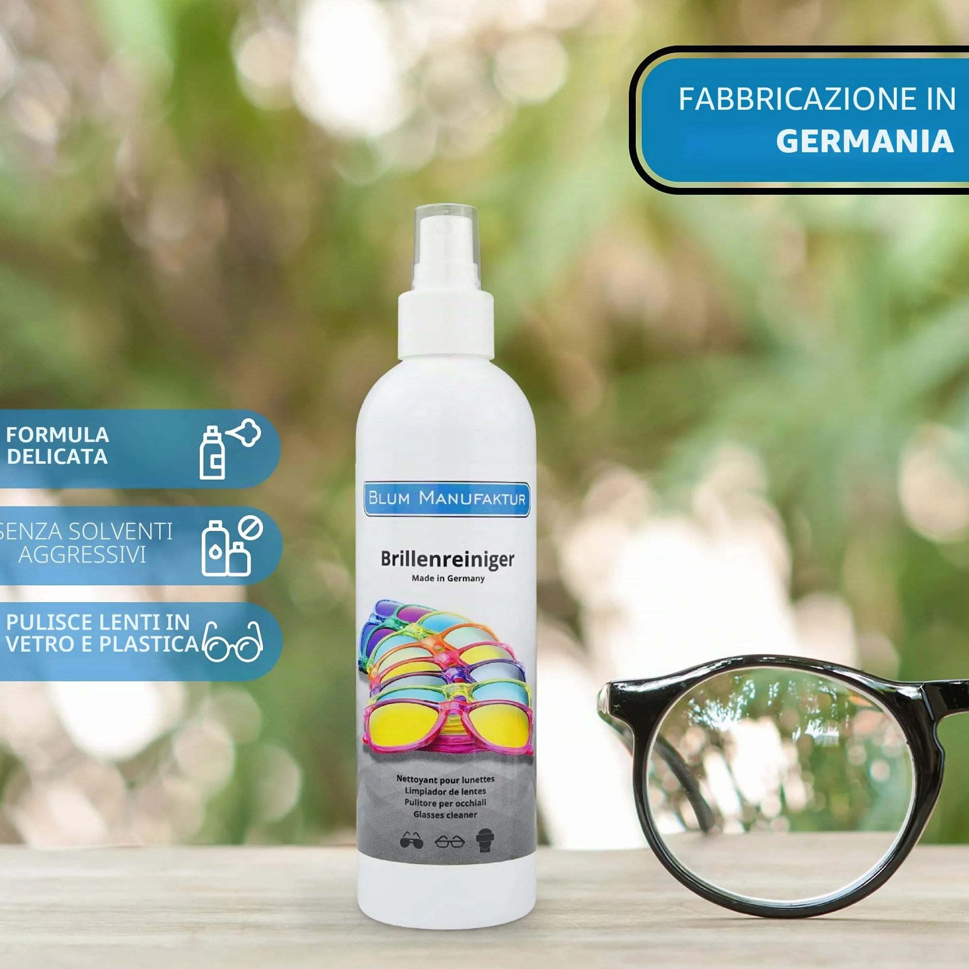 Blum Manufaktur Detergente spray per occhiali 250 ml con panno in microfibra 30 x 30 cm Made in Germany
