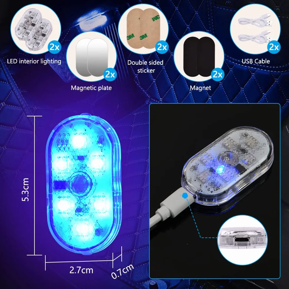LED Luci per Auto Interni 2 Pezzi 7 Colori RGB USB Ricaricabile con Interruttore Tattile