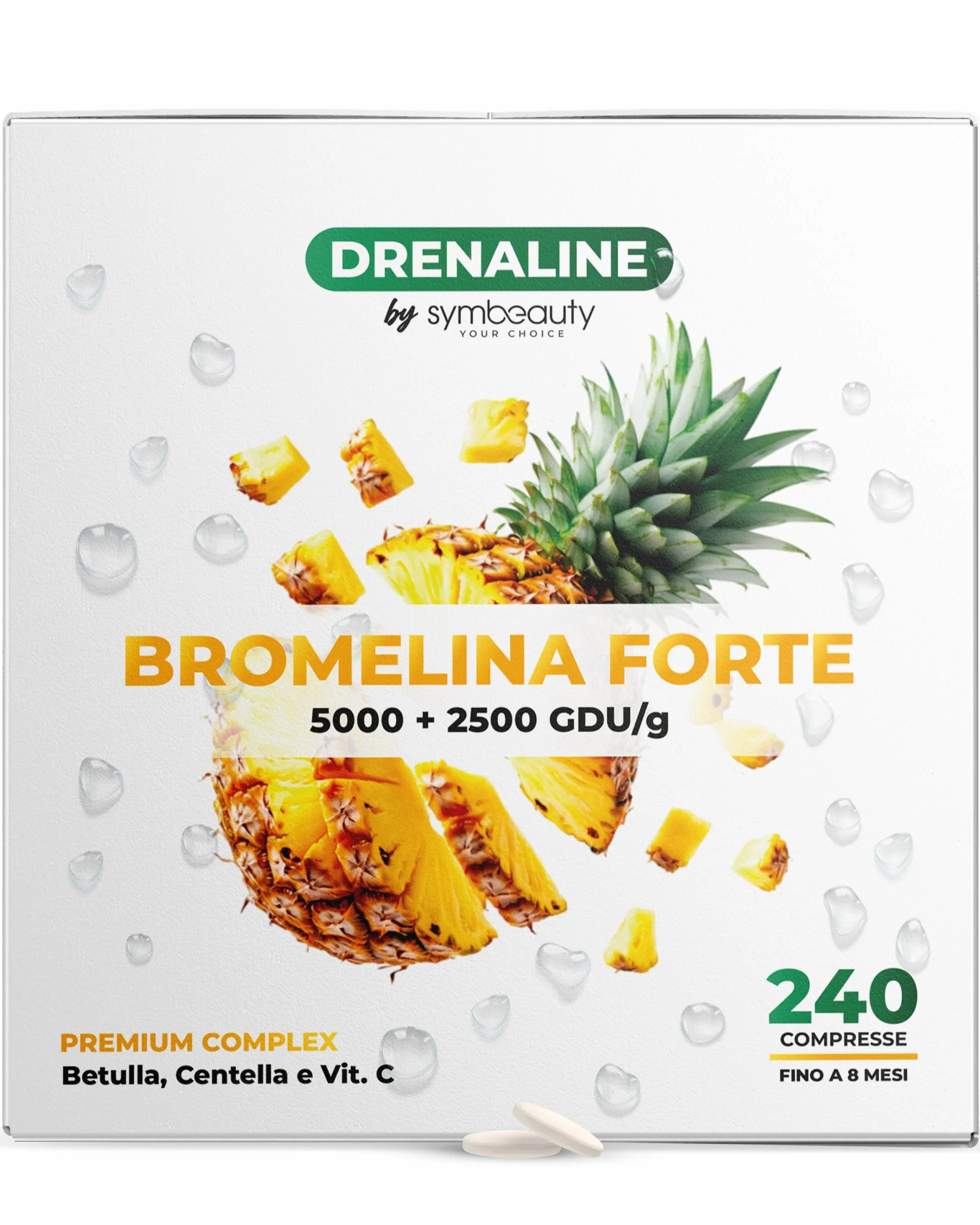 Symbeauty Bromelina Forte 240 Cpr Drenaline 2500+5000 GDU Betulla Centella Vitamina C Vegano Made in Italy