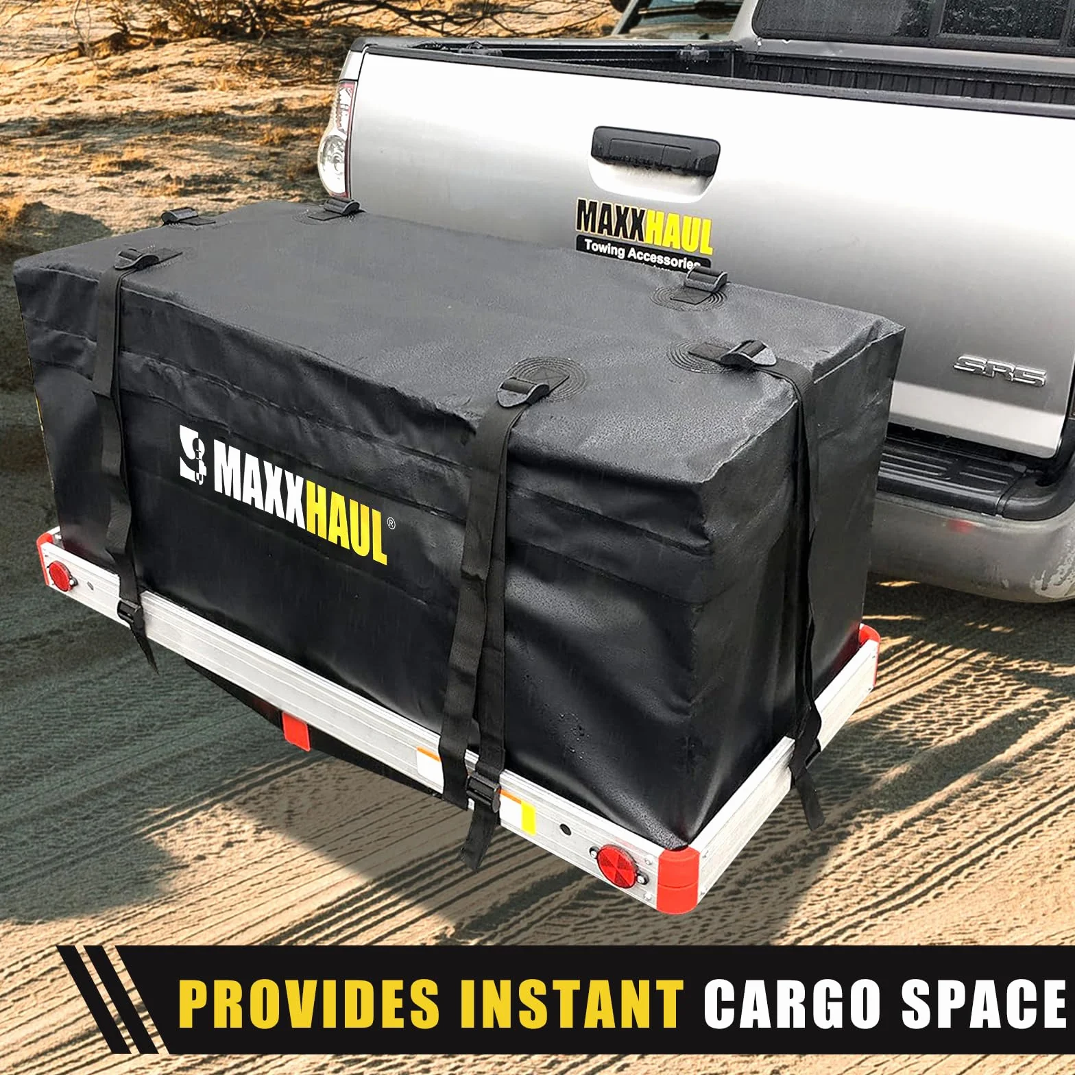 MAXXHAUL Borsa da Trasporto per Portapacchi 119 x 50 x 50 cm Resistente all’Acqua Fissaggio su Gancio Traino Nero