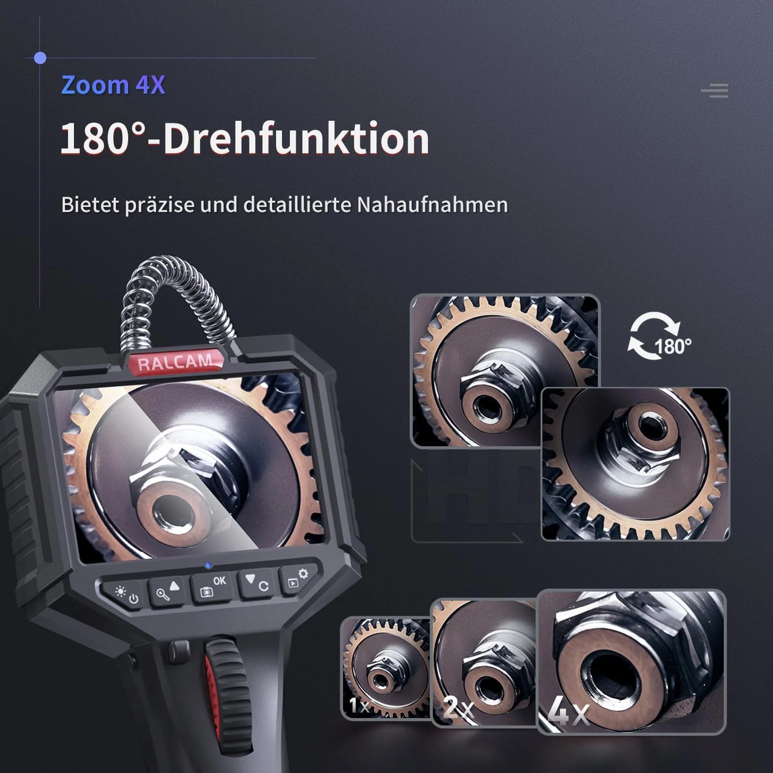 Ralcam Telecamera Endoscopica Rotante 210° Schermo HD 3,5" Sonda 6,2mm Semi-Rigida Impermeabile Cavo 2m