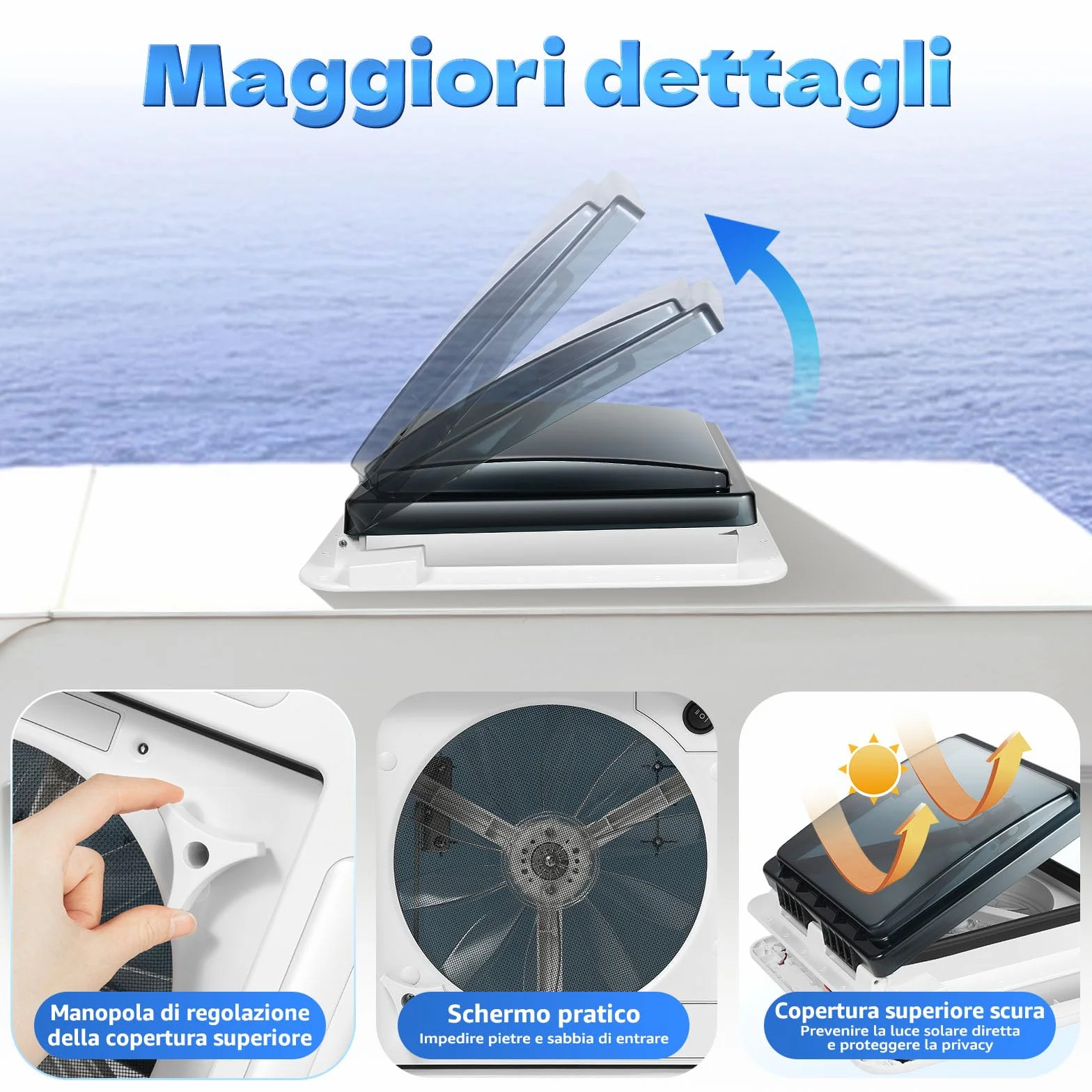 Finestra da tetto per camper 28x28 cm ventilazione insonorizzata ventola estrazione aria manuale LED 30W 12V