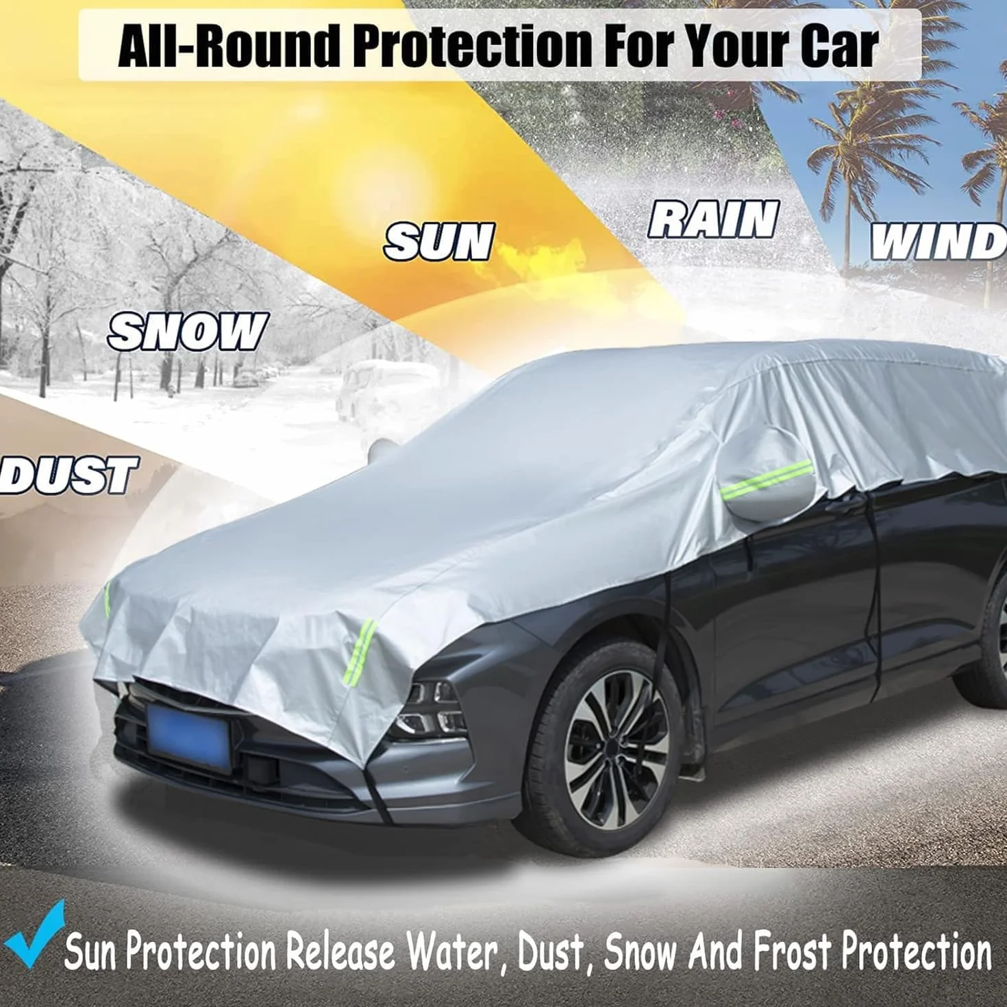 Telo Copriauto Impermeabile Invernale Esterno, Mezza Copertura per Auto con Strisce Riflettenti e Corde Antivento, Mezzo Telo Auto Resistente a Polvere, Graffi, Neve, Universal (SUV)