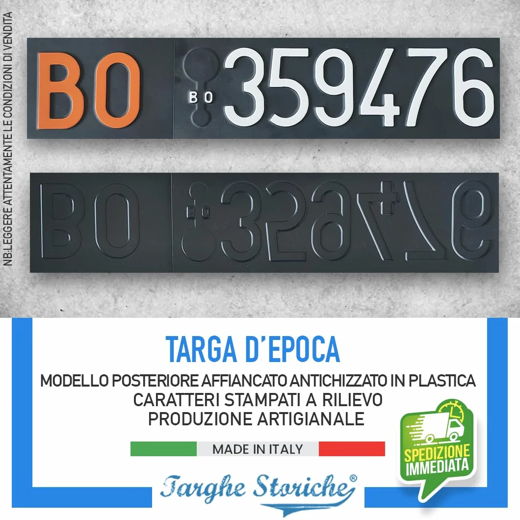 Targhe Storiche srl Targa Personalizzata - Modello Posteriore dal 1976 al 1984 – Targa d’Epoca in Plastica con Lettere e Numeri in Rilievo, Made in Italy [Affiancata Antichizzata]