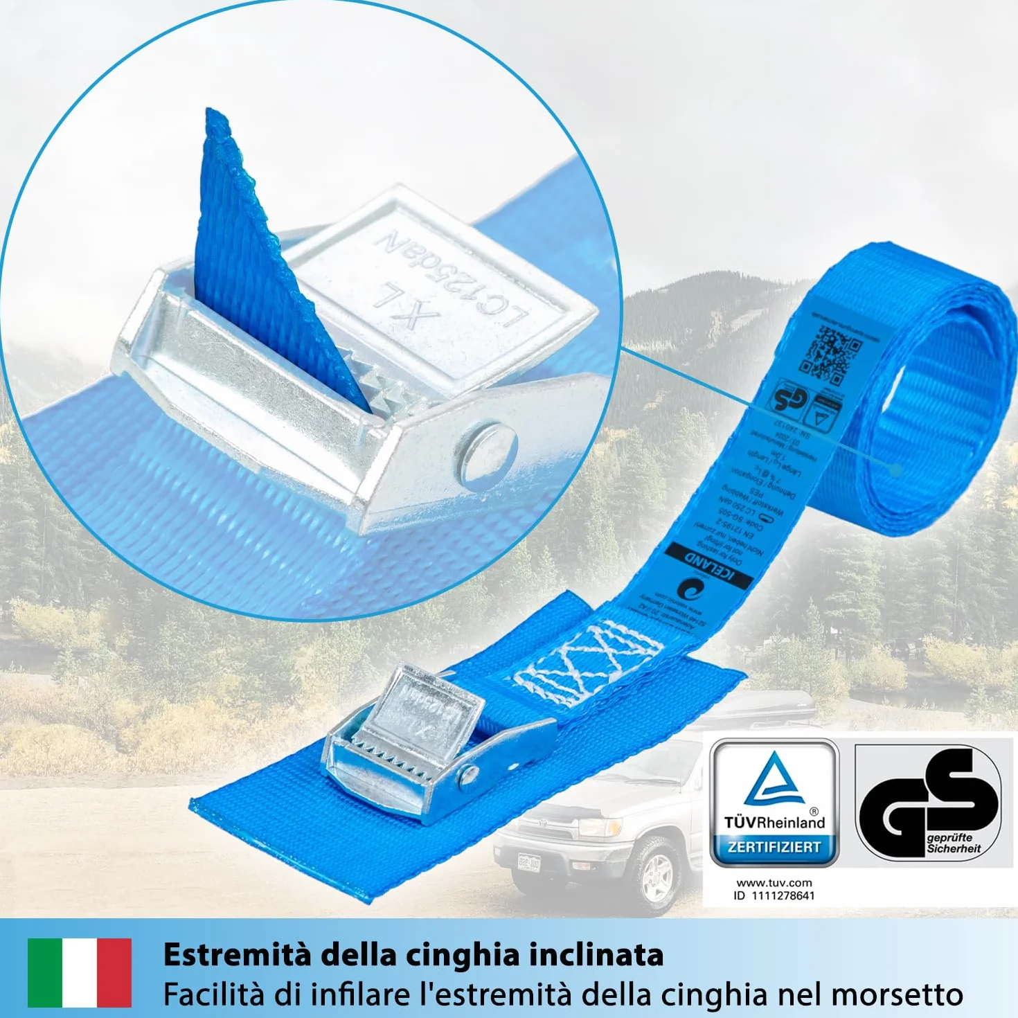 Valonic ICELAND Cinghie di fissaggio 25mm 250 Kg EN-12195-2 50cm blu