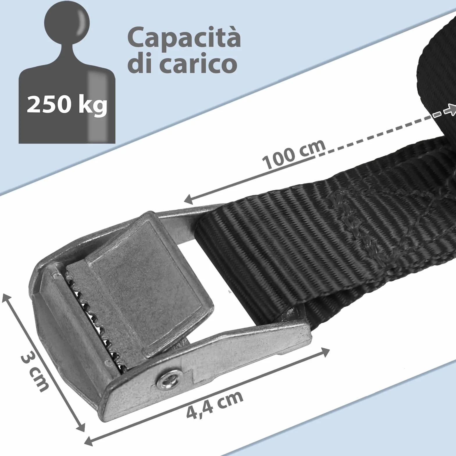 Cinghie di tensione con fibbia 250 kg DIN EN 12195-2 4 pezzi 2.5 cm x 1 m Nero