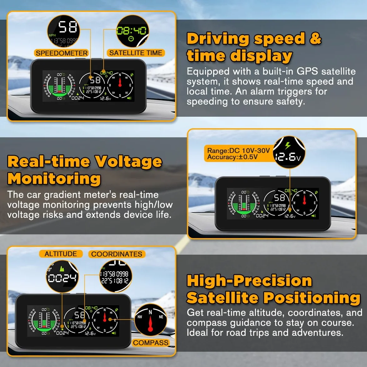 Auto Inclinometro Digitale GPS HUD Pitch Angle Slope Meter MPH Speedometer con Bussola per Veicoli Fuoristrada SUV