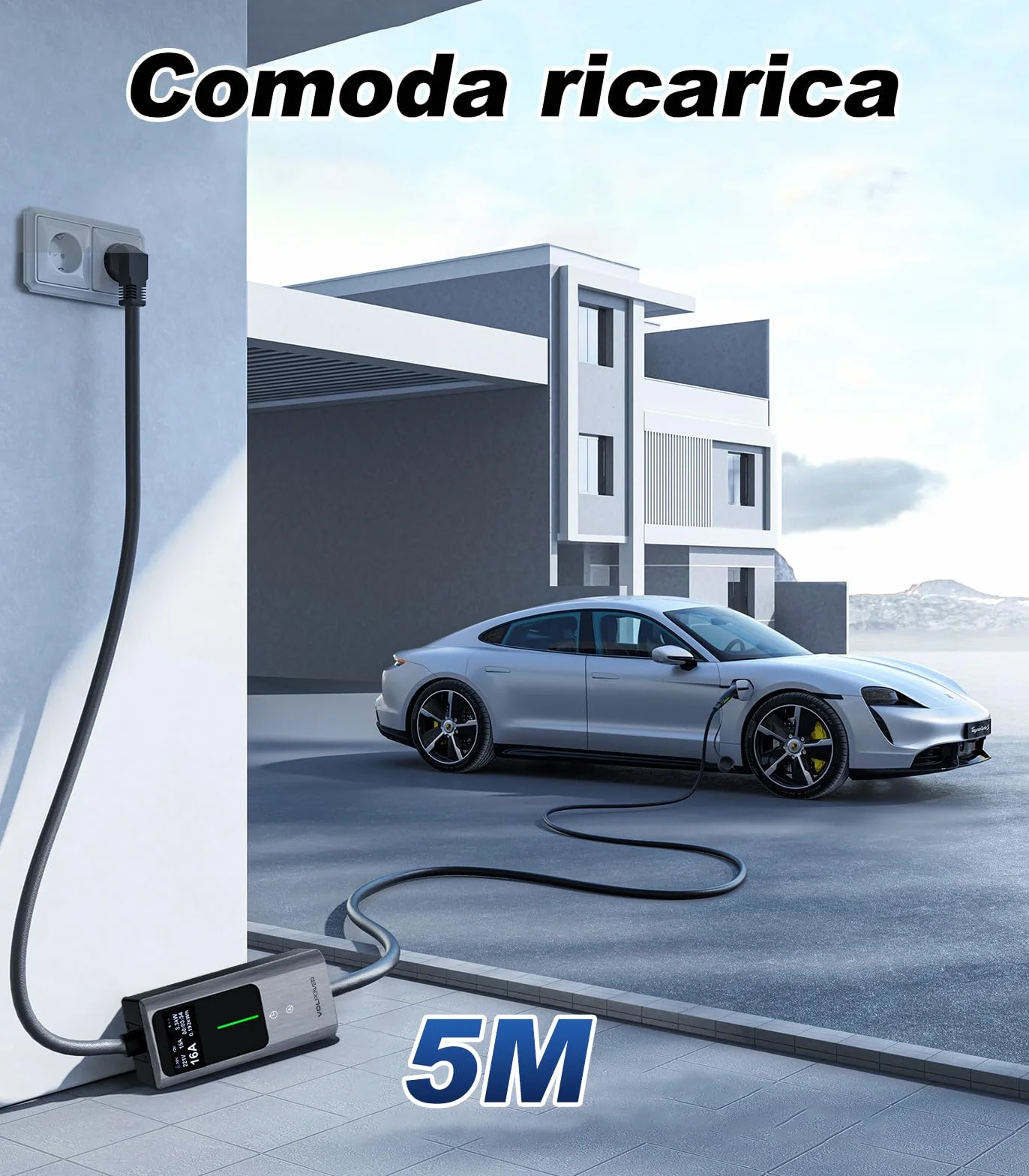 Cavo Ricarica Auto Elettrica 5m 3,6kW 16A Tipo 2 Schuko Wallbox LCD Controllo Digitale