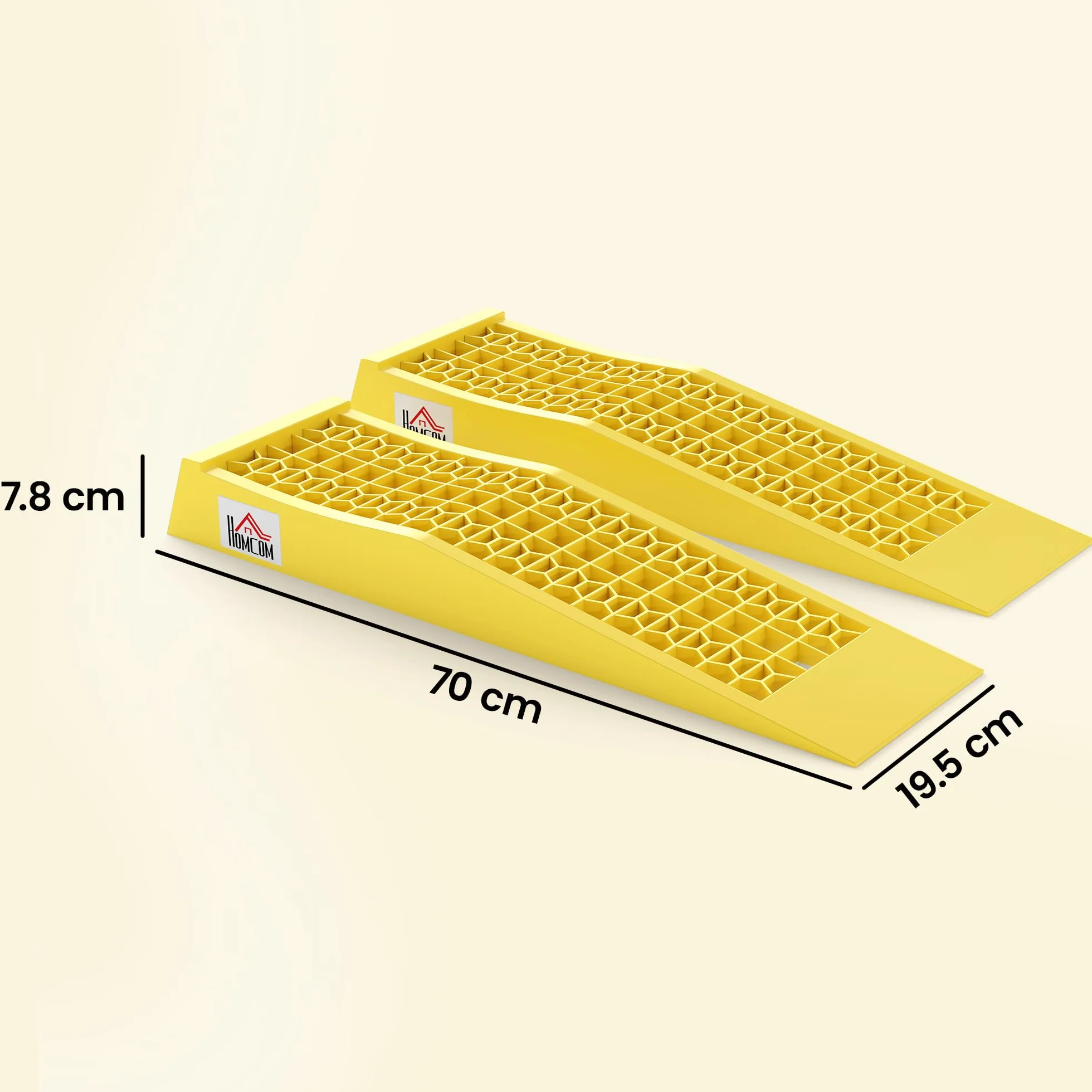 HOMCOM Set di 2 Rampe di Carico in Plastica per Auto con Capacità 3 Tonnellate per Pezzo, Pedane Antiscivolo per Manutenzione Macchine, Camper e Furgoni, 70x19.5x7.8 cm, Giallo