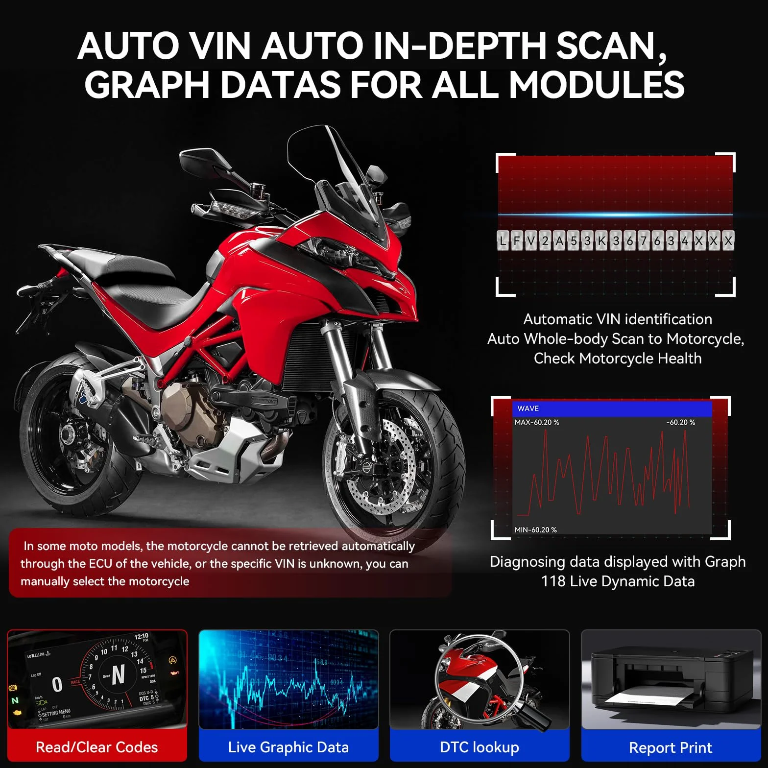 iCarsoft MT V6 Strumento di Diagnosi per Moto Ducati, Scanner OBD2 Completo, 153 Servizi Manutenzione, 112 Test Attuatori, Test Batteria