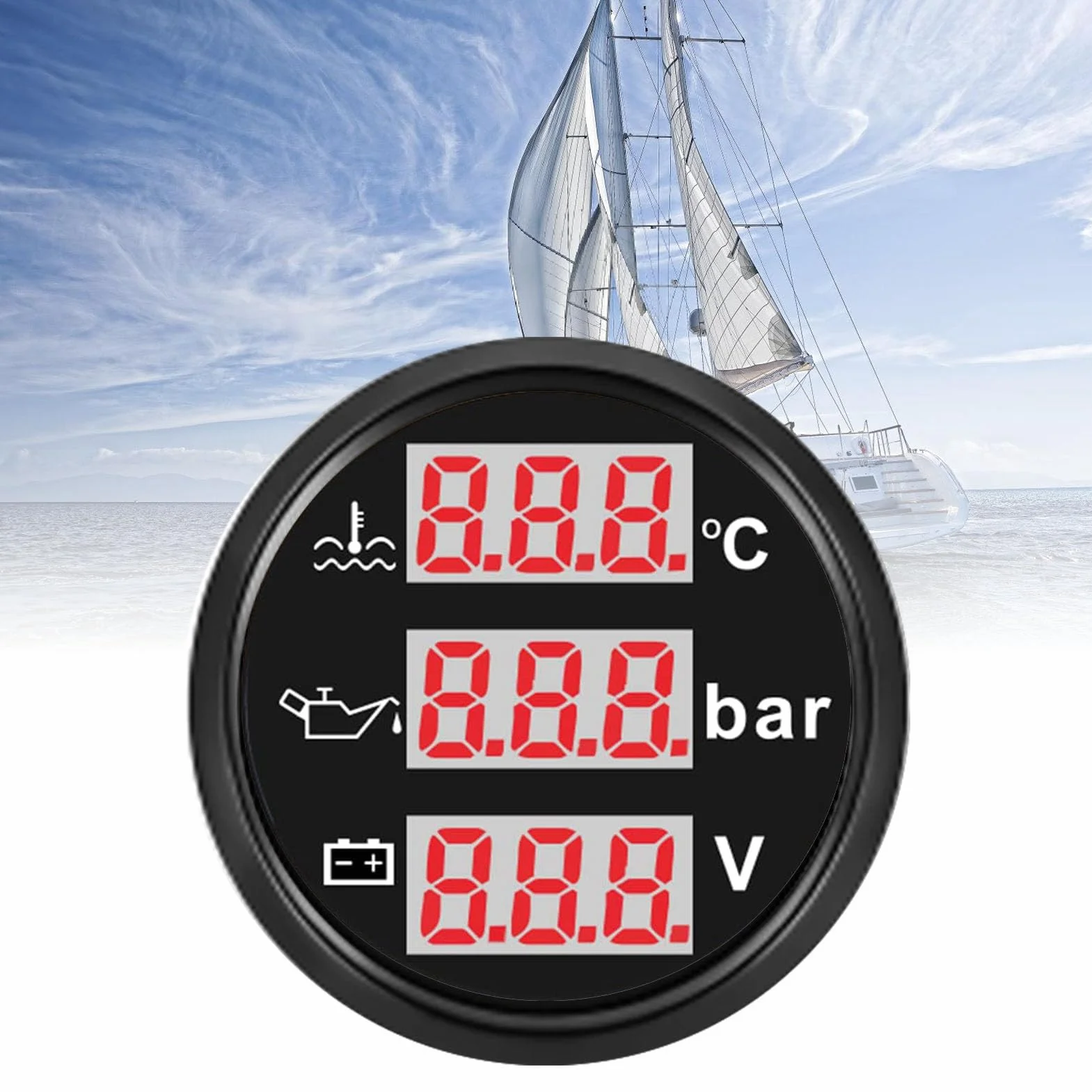 52 Mm 3 in 1 Set di Calibri Marini Auto, Manometro Temperatura Dell'acqua Liquido Raffreddamento Motore ° F + Misurazione Dell'olio Psi + Voltmetro, Kit (Quadrante nero Coperchio nero)