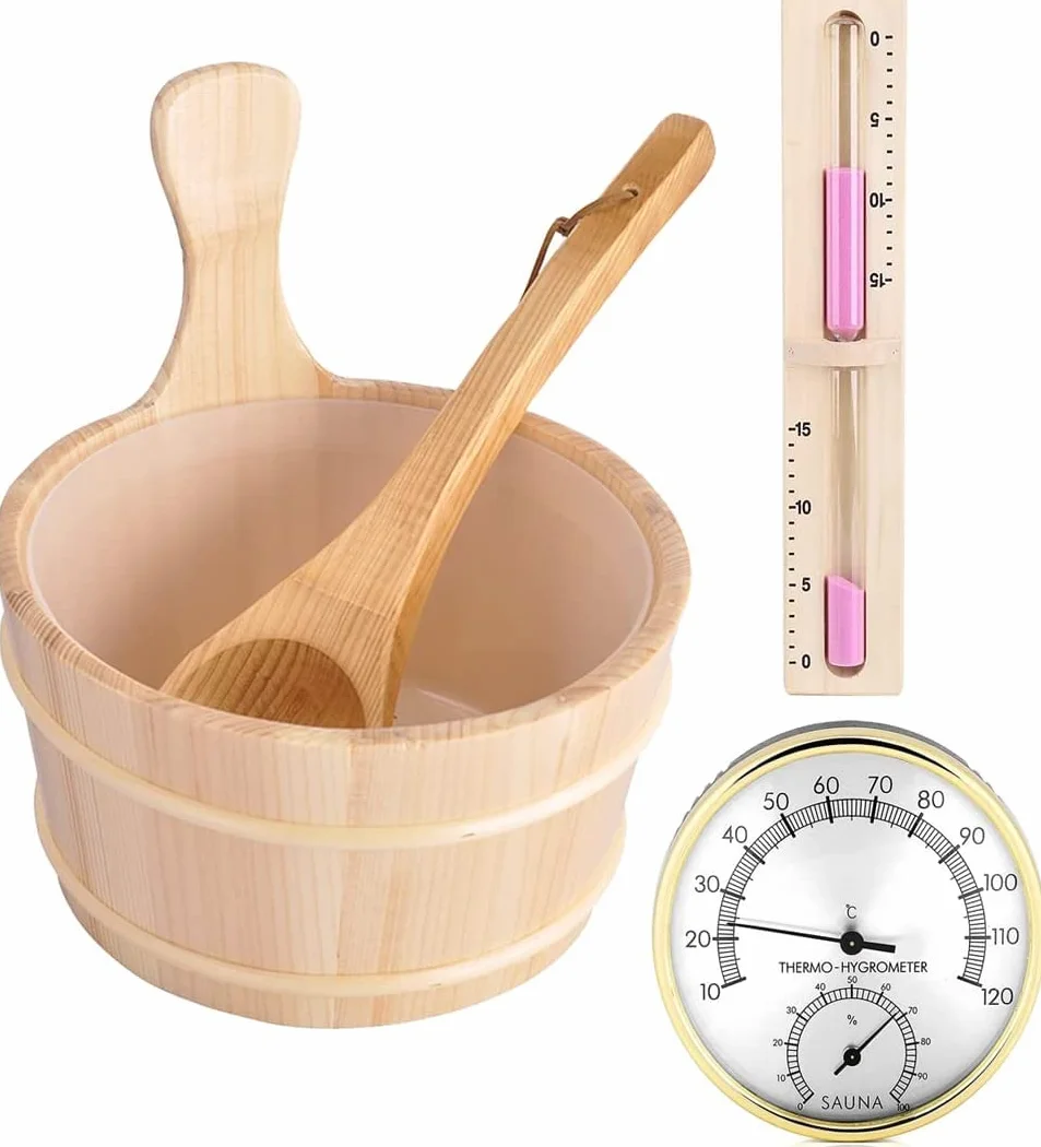 Secchio Sauna 4L Set Completo con Mestolo Legno Pino Finlandese Termometro Igrometro Clessidra
