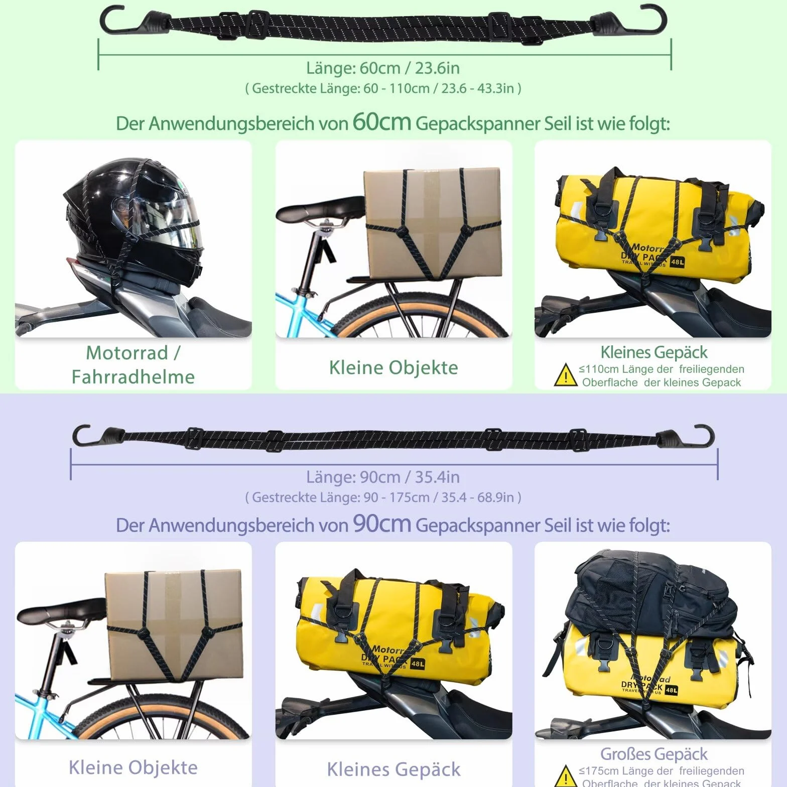 Cinghie elastiche Bundy 60 cm per bagagli moto portabici ganci riflettenti 2 strisce