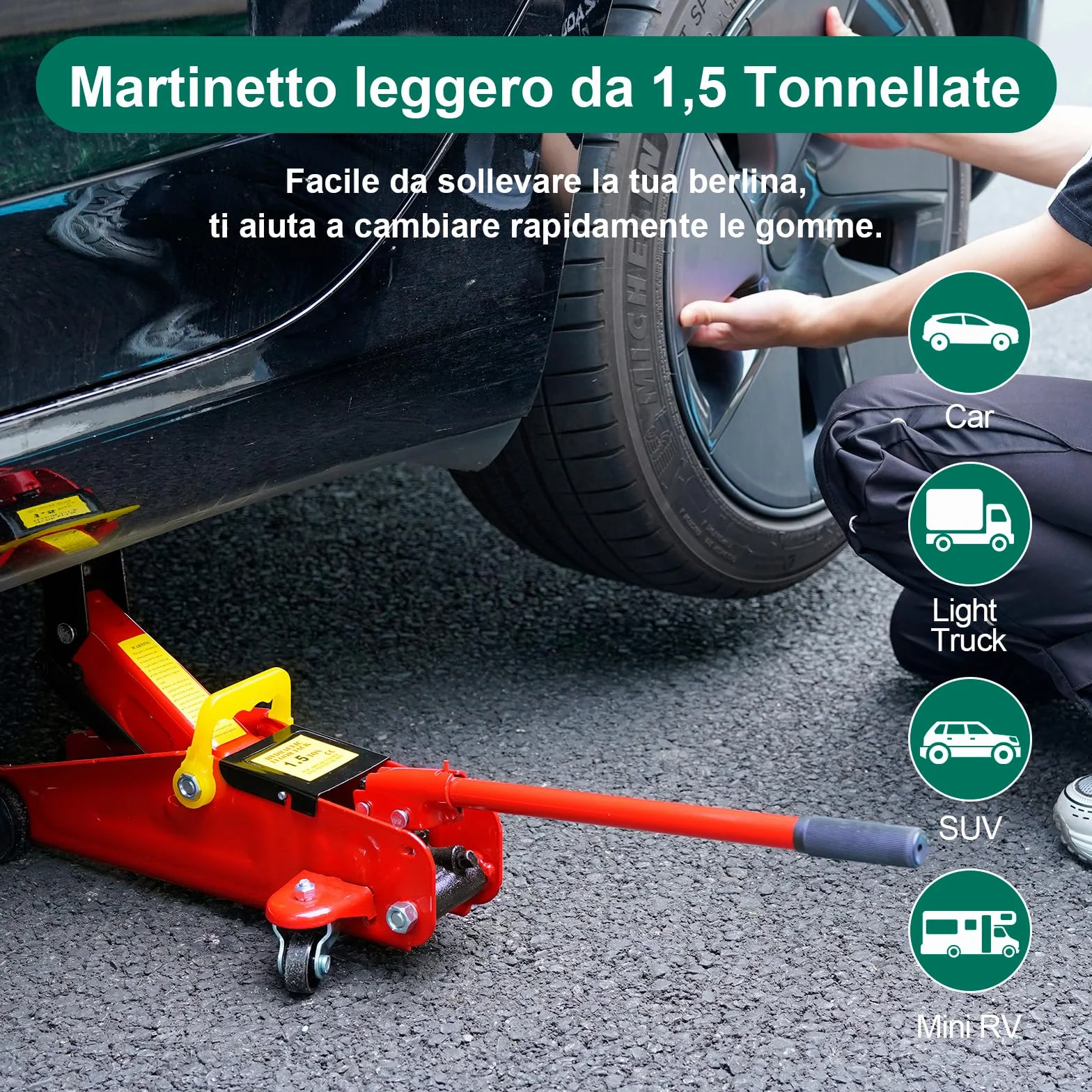 HYCHIKA Cric da corsa in acciaio 1.5 tonnellate con pompa a pistone idraulico