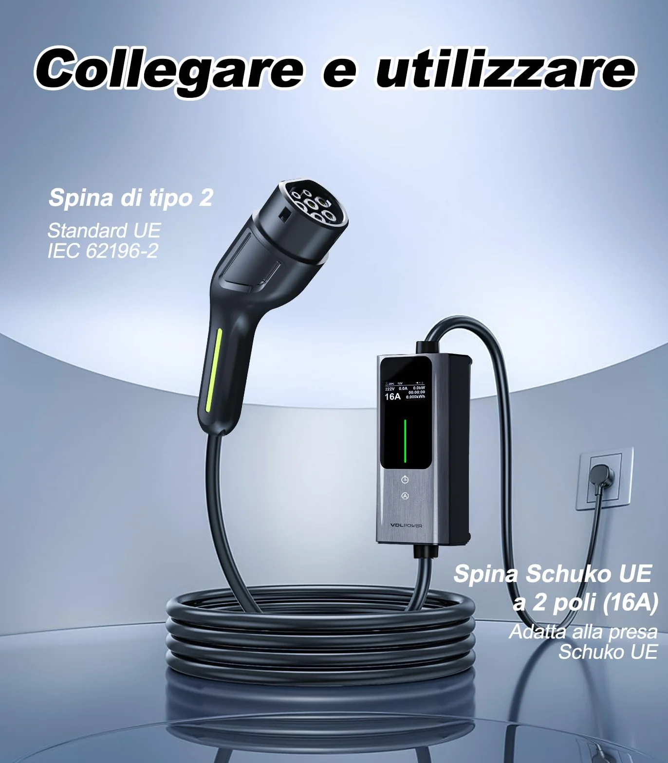 Cavo Ricarica Auto Elettrica 5m 3,6kW 16A Tipo 2 Schuko Wallbox LCD Controllo Digitale