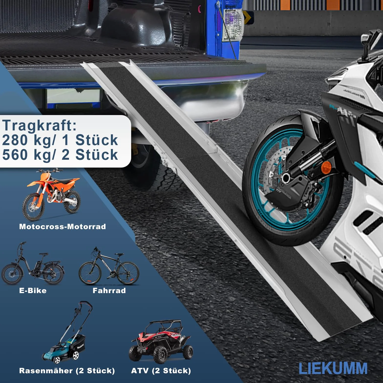 LIEKUMM Rampa di Carico Moto, 180cm Rampa pieghevole in acciaio con pellicola antiscivolo, 280KG capacità Rampa resistente per moto ATV Van Mower