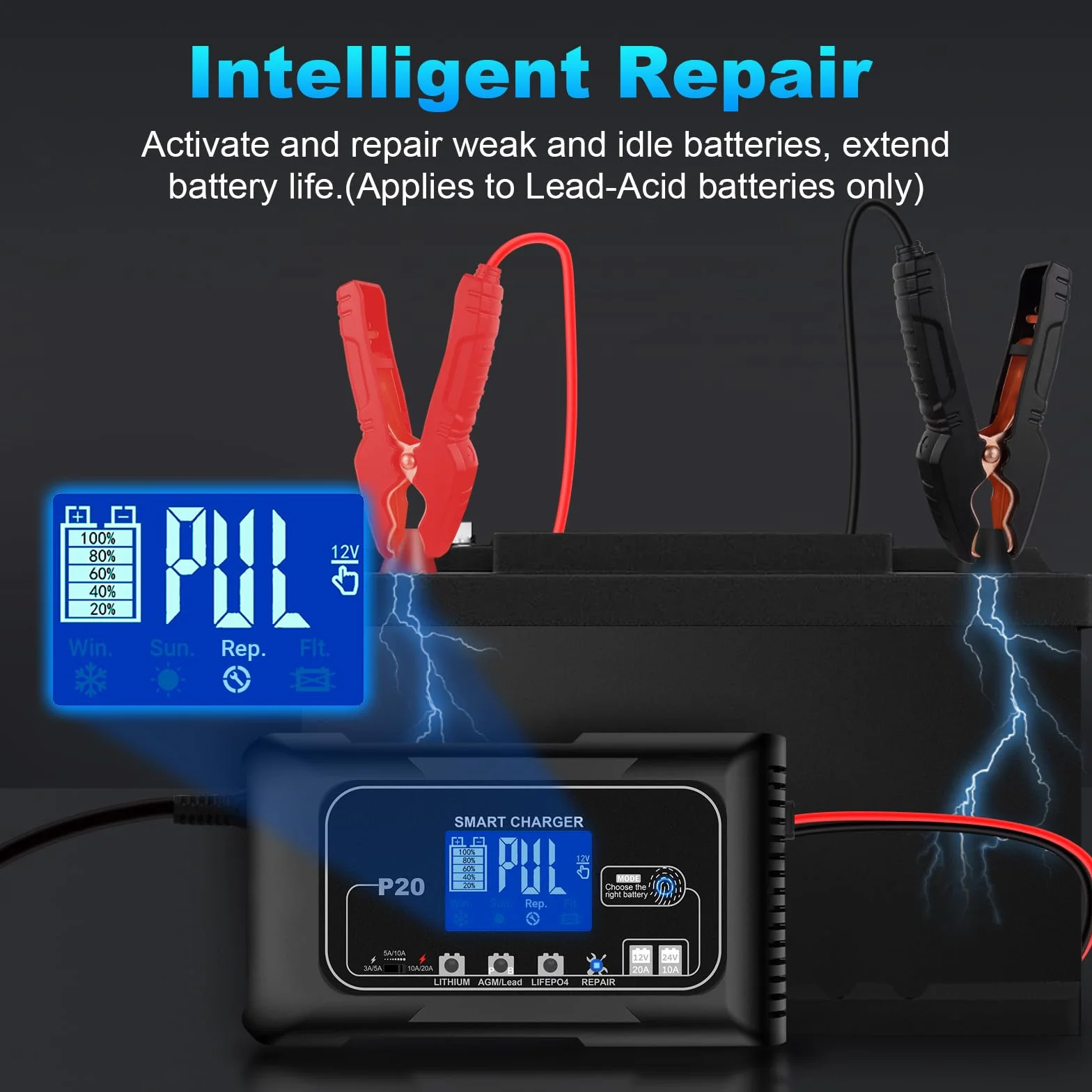HTRC Carica Batteria per Auto 12V/20A ＆ 24V/10A, Caricabatterie Auto e Mantenitore di Carica Auto, Caricatore Batteria Auto, Carica Batteria Auto per Litio, LiFePo4 e Piombo Acido(AGM, GEL, MF, EFB)