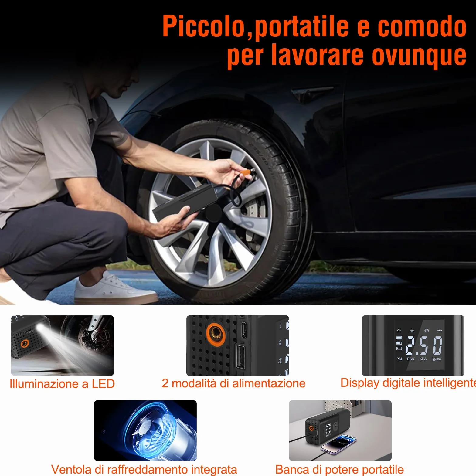Compressore Aria Portatile 150PSI 6000mAh Auto 15L/min con Luce LED e Display LCD