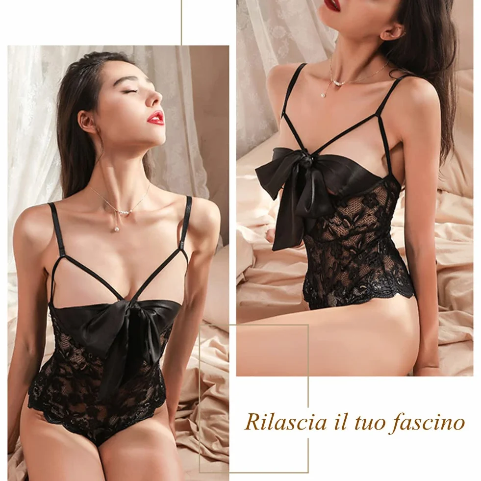 Donna Tuta di Pizzo Set Lingerie un Pezzo Mini Babydoll Orsacchiotto Scollo a V Profondo Nero M