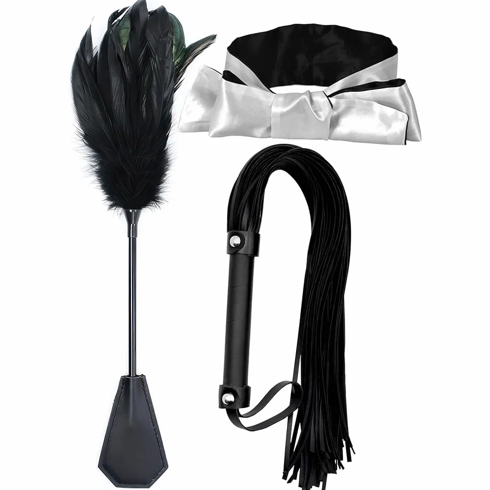 Faux Leather Satin Eye Mask with Feather Ticklers French Cut Role Play Kit