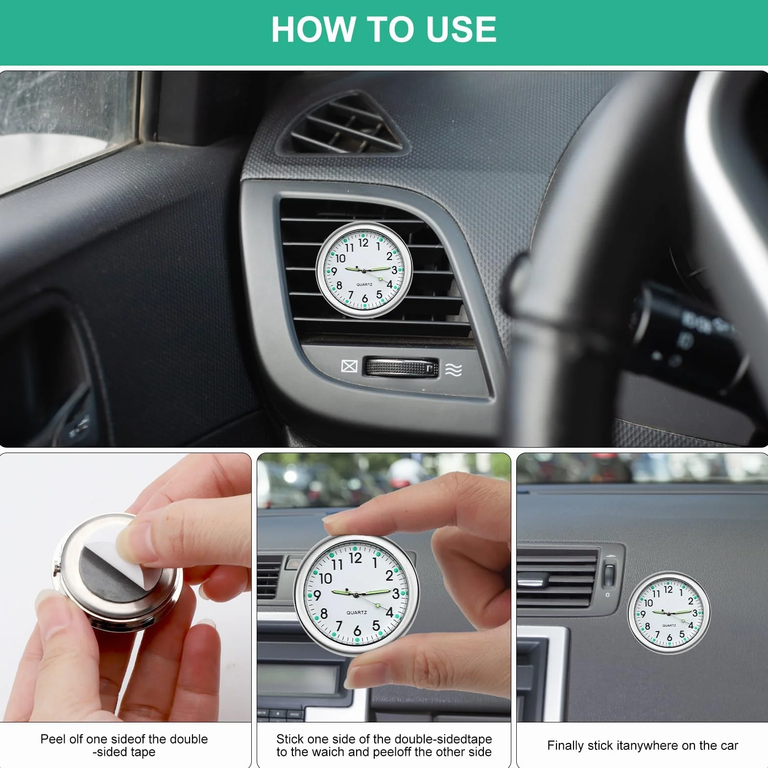 TNSLAND Mini Orologio per Auto Analogico al Quarzo Luminoso con Adesivo Biadesivo e Clip di Ventilazione