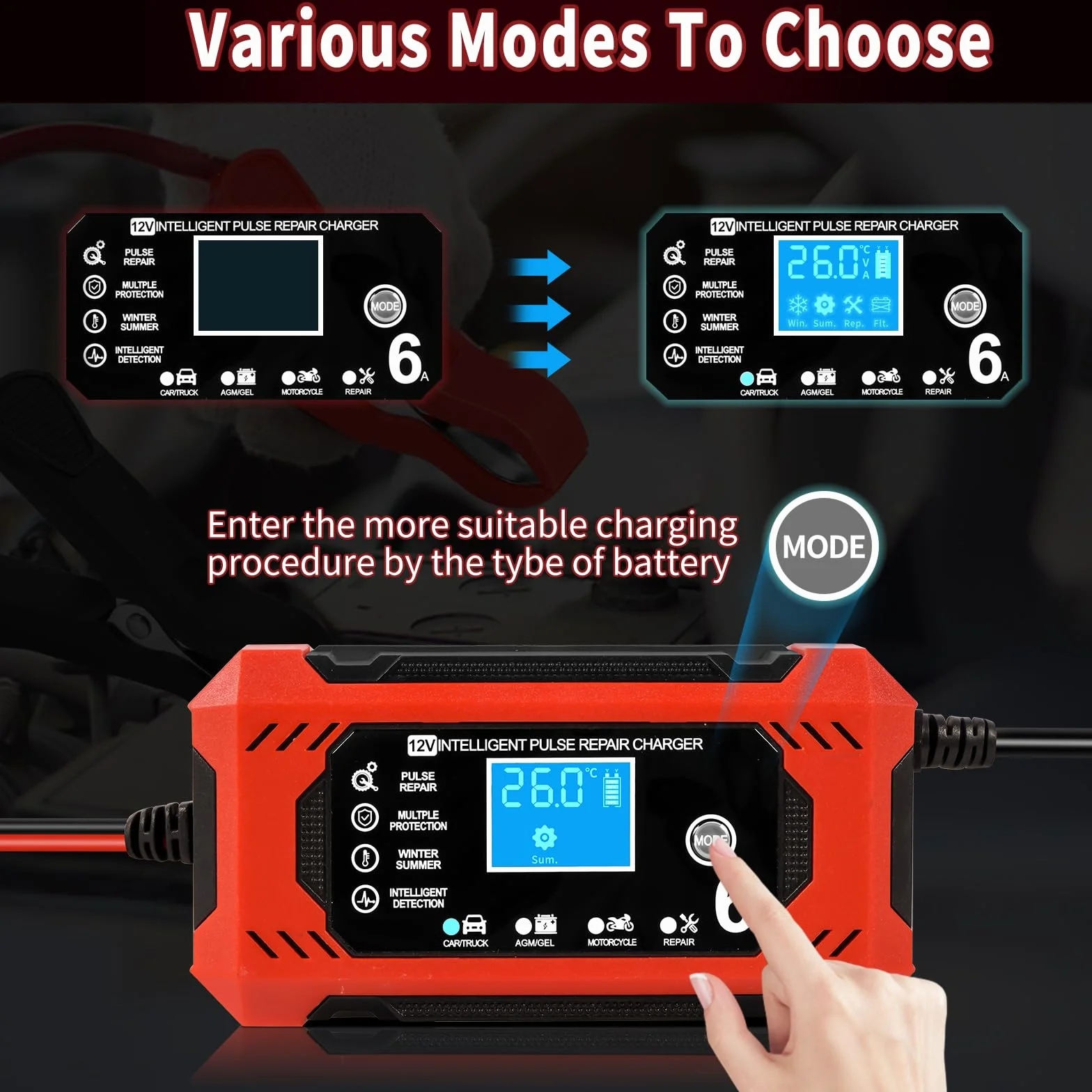 Caricabatterie Auto 6A 12V Mantenitore Batteria Moto con Schermo LCD per Auto Moto Barche AGM