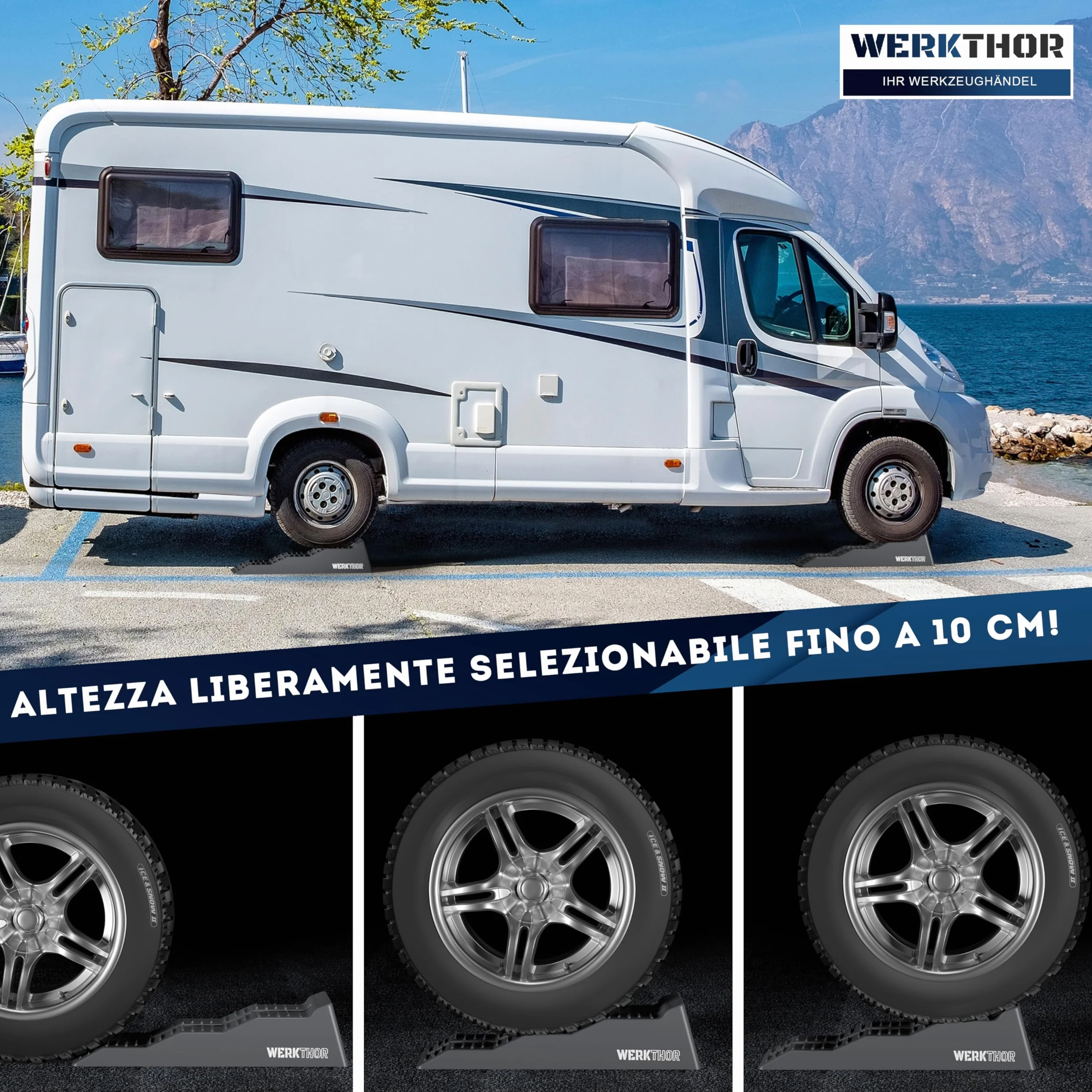 WERKTHOR Cunei per Camper [Grigio Set 2 Pezzi] con Borsa | Cunei Livellatori Camper fino 5T per Roulotte Van | Pedane Auto Sollevamento Resistenti Antiscivolo