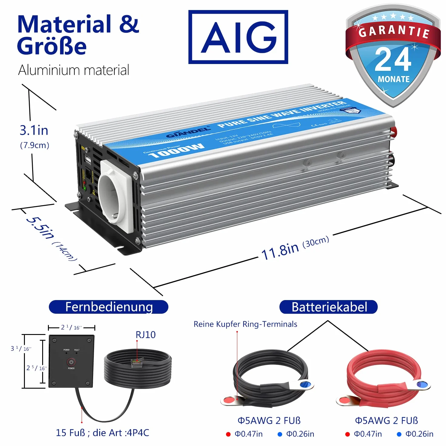 GIANDEL Inverter 12V a 230V Onda sinusoidale pura 1000W Convertitore di tensione con controllo remoto presa EU USB 2.4A
