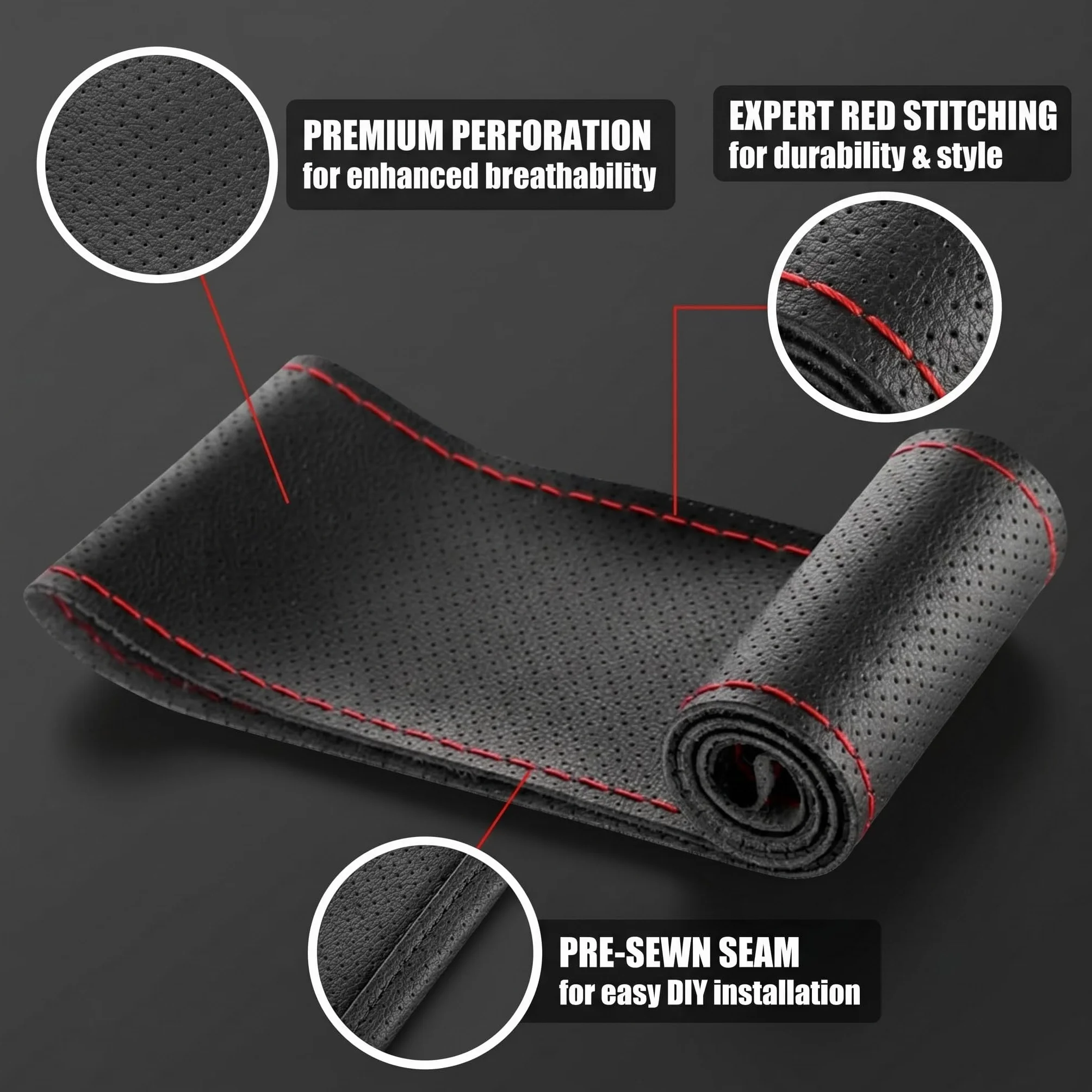 Coprivolante Auto in Pelle da Cucire, Foderatura per Sterzo 38cm con Perforazione Completa e Cucitura Rossa, Kit di Installazione Fai-da-Te per Guida Comoda e Sicura