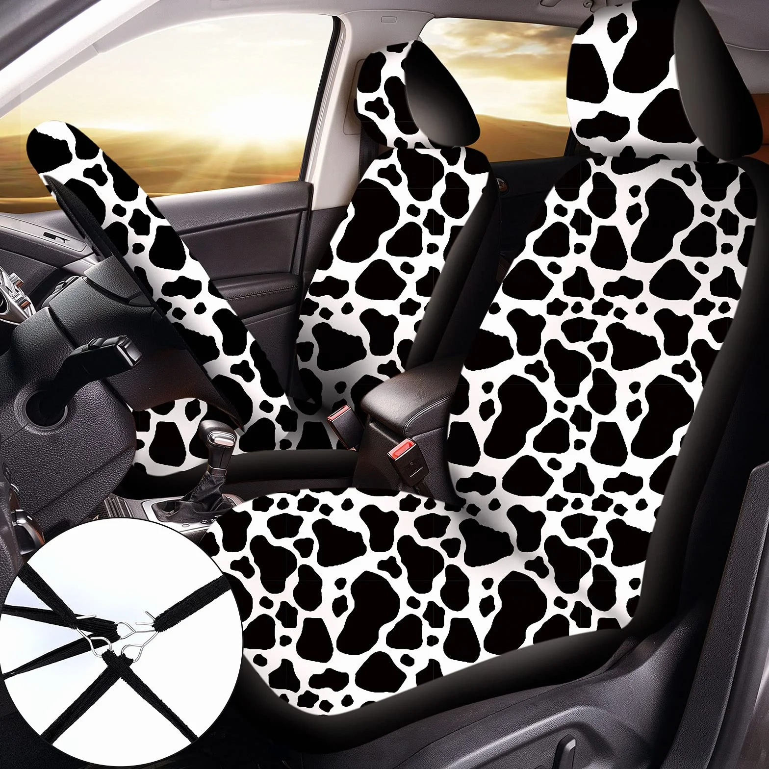 Set completo di coprisedili per auto con stampa di mucca, set completo di accessori per auto con stampa di mucca, volante in gomma, cuscinetto per bracciolo, cuscinetti per cintura di sicurezza