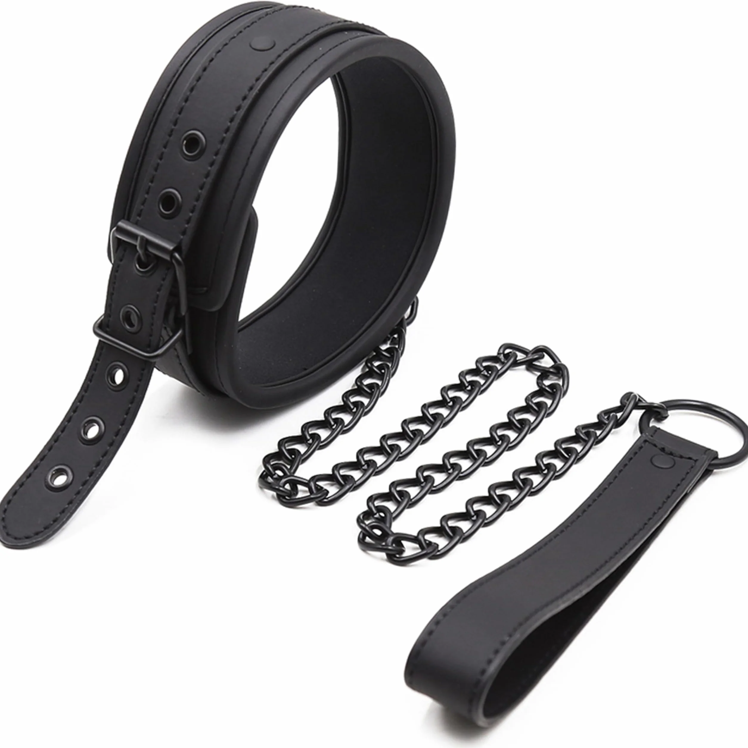 Collare BDSM Nero con Guinzaglio 60 cm Pelle Sintetica Regolabile per Adulti