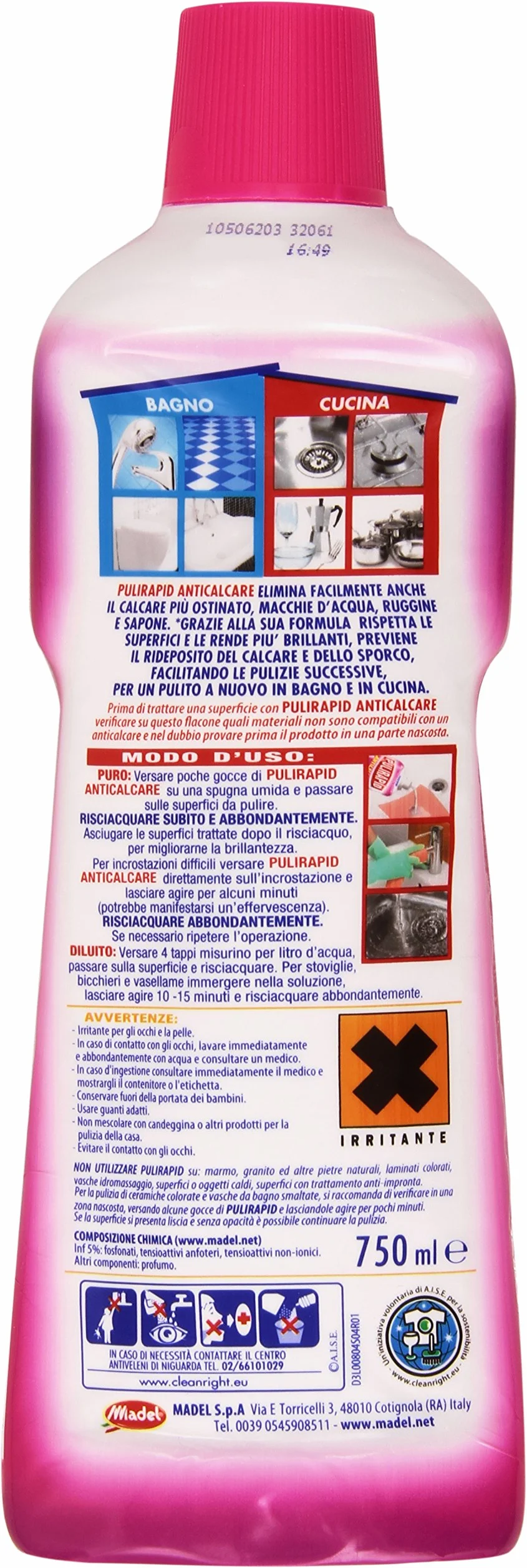 Pulirapid Anticalcare Detergente per Inox e Ceramica con Aceto Naturale 750 ml