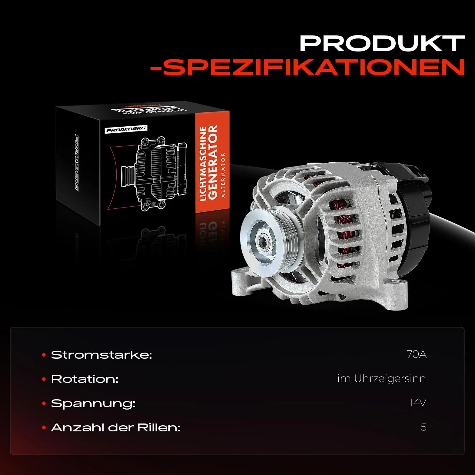 Frankberg Generatore Alternatore Benzina Compatibile con 169 1.1L-1.4L Punto 188 1.2L-1.4L Punto 199 1.4L Replace# 23266,46542889