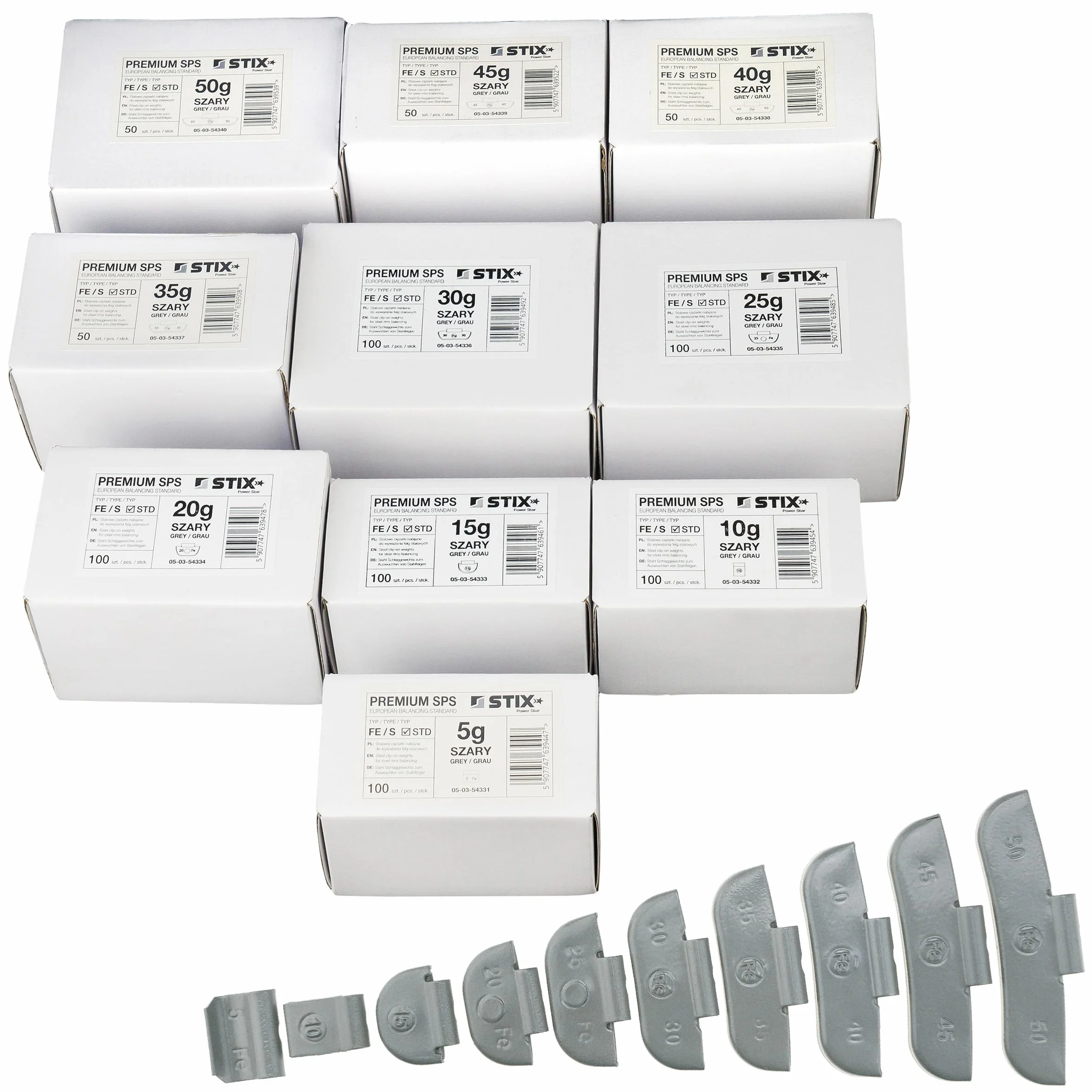 Assortimento di 800 pesi per cerchioni in acciaio, 5-50 g, FE/S