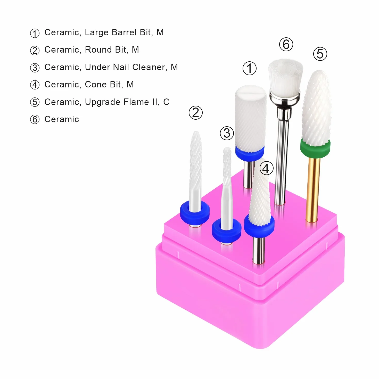 JCMaster® Kit 5 Punte in Ceramica per Fresa Unghie Professionale + Pennellino Pulizia Manicure Pedicure