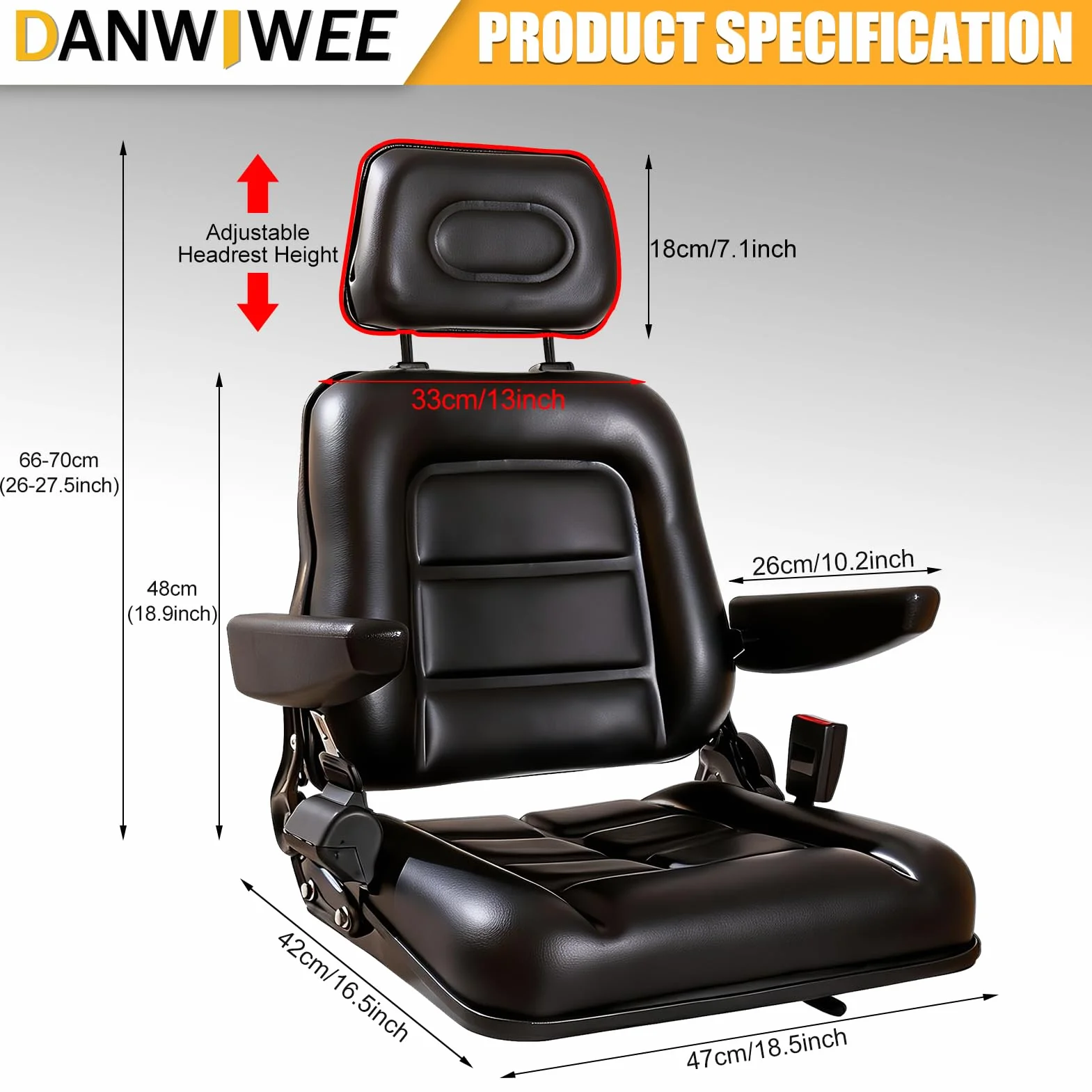 Sedile universale per carrello elevatore, sedile trattore con braccio e schienale regolabile, sedile impermeabile in poliuretano, per escavatori trattori, carrello elevatore, pale compatta
