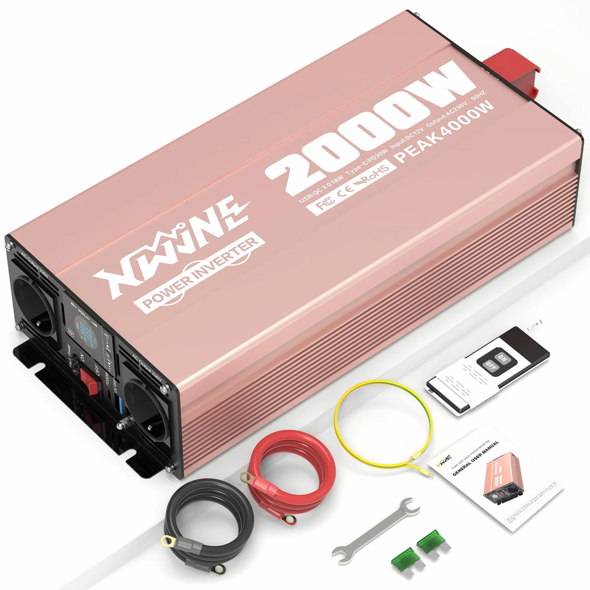 Inverter 12V 220V 2000W Onda Sinusoidale Pura Convertitore di Tensione con Display LCD e Telecomando